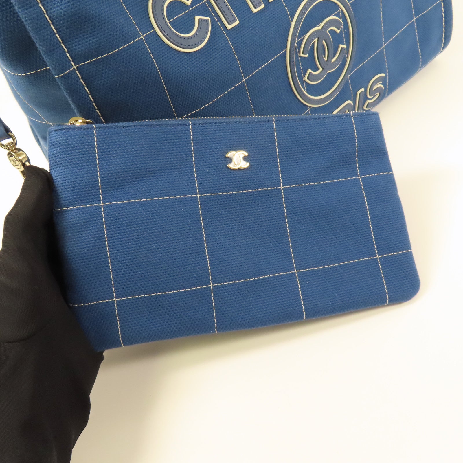 CHANEL CC GHW Deauville Tote Bag 2 Way Shoulder Hand Bag Canvas Blue