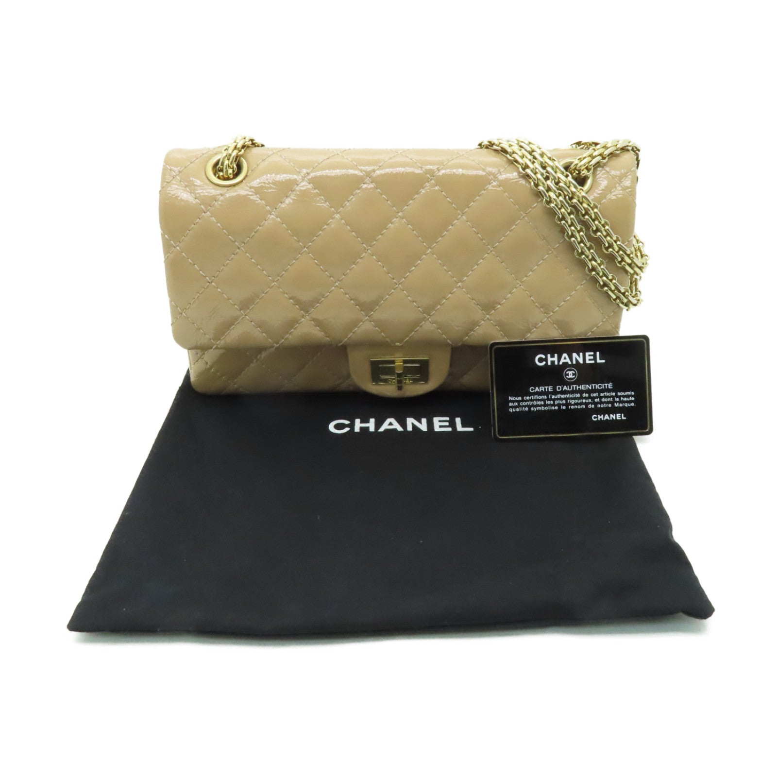 CHANEL 【清倉大減價】菱格漆皮皮革2.55 Chain Shoulder金扣鏈帶肩背袋米色