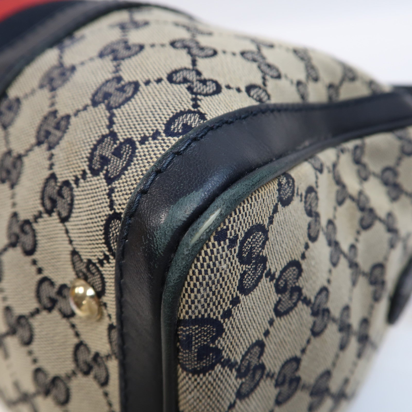 GUCCI 帆布Boston Bag金扣手挽肩背兩用袋米色/深藍色