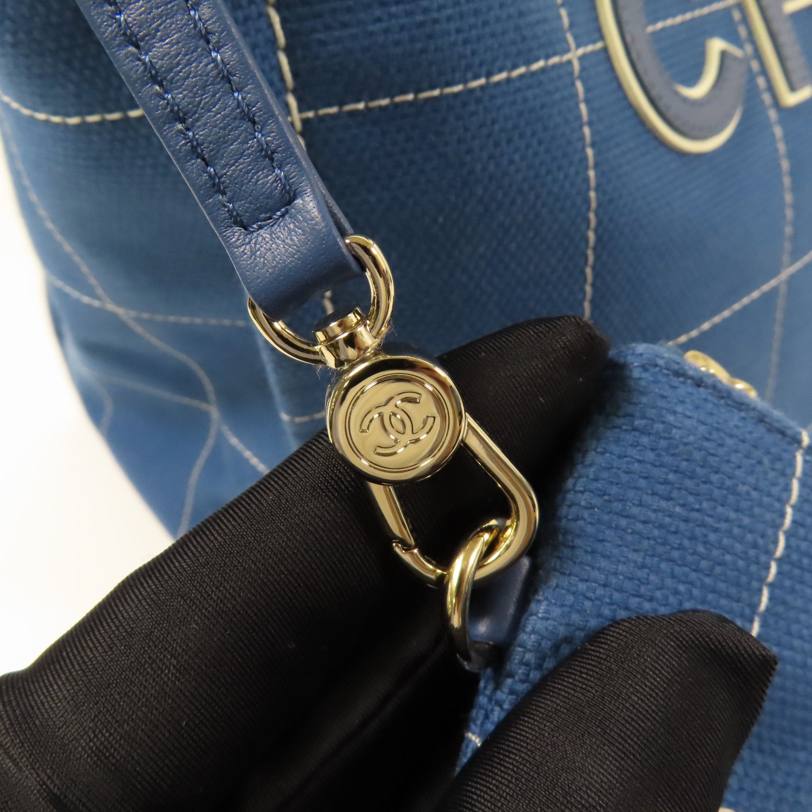 CHANEL CC GHW Deauville Tote Bag 2 Way Shoulder Hand Bag Canvas Blue
