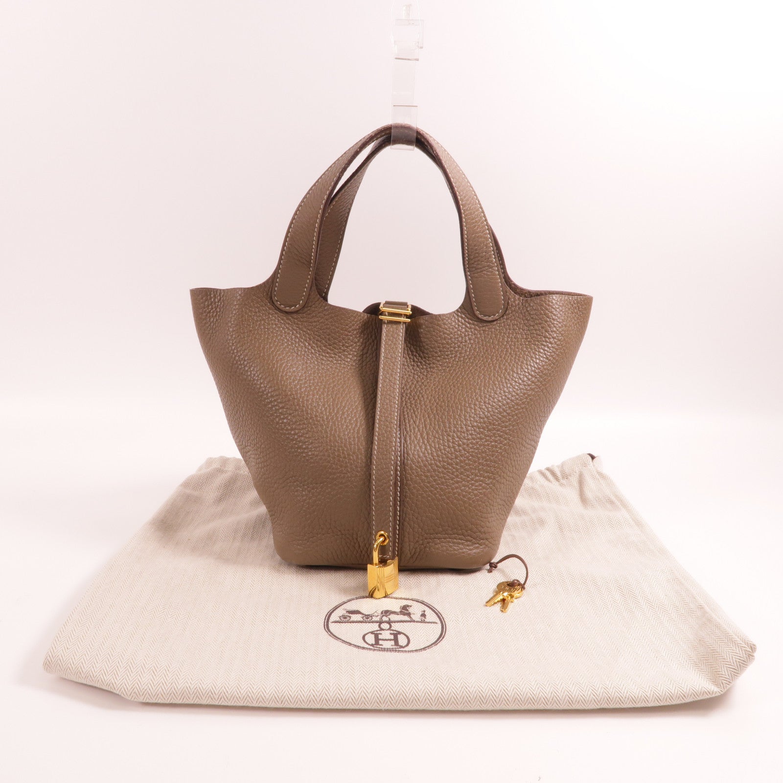 HERMES Clemence皮革Picotin PM金扣手挽袋Etoupe