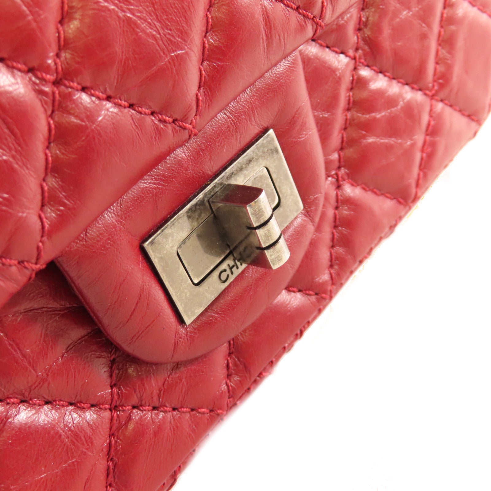 CHANEL 【激減優惠】菱格牛皮皮革2.55 Mini Chain Shoulder Bag銀扣鏈帶肩背袋酒紅色