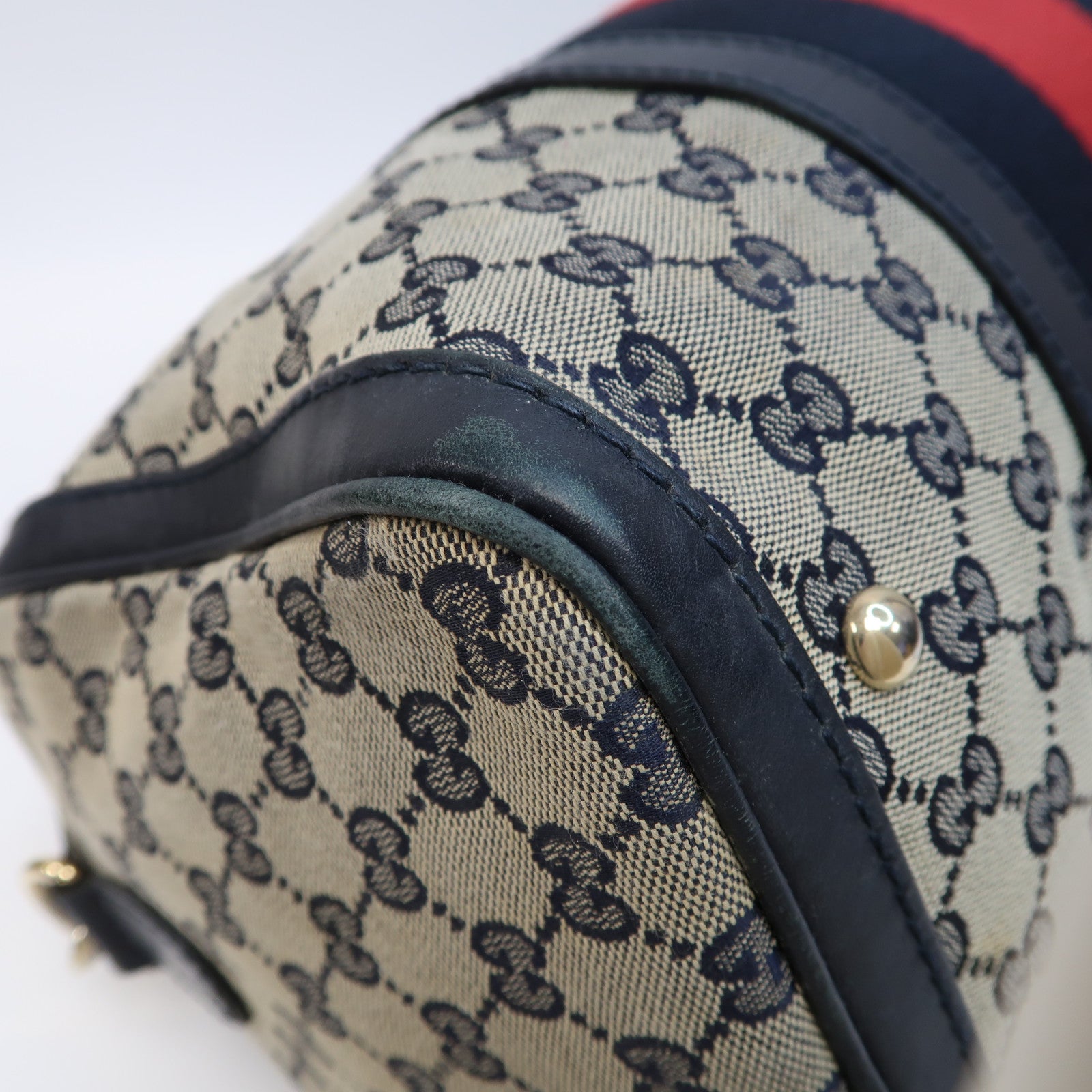 GUCCI 帆布Boston Bag金扣手挽肩背兩用袋米色/深藍色