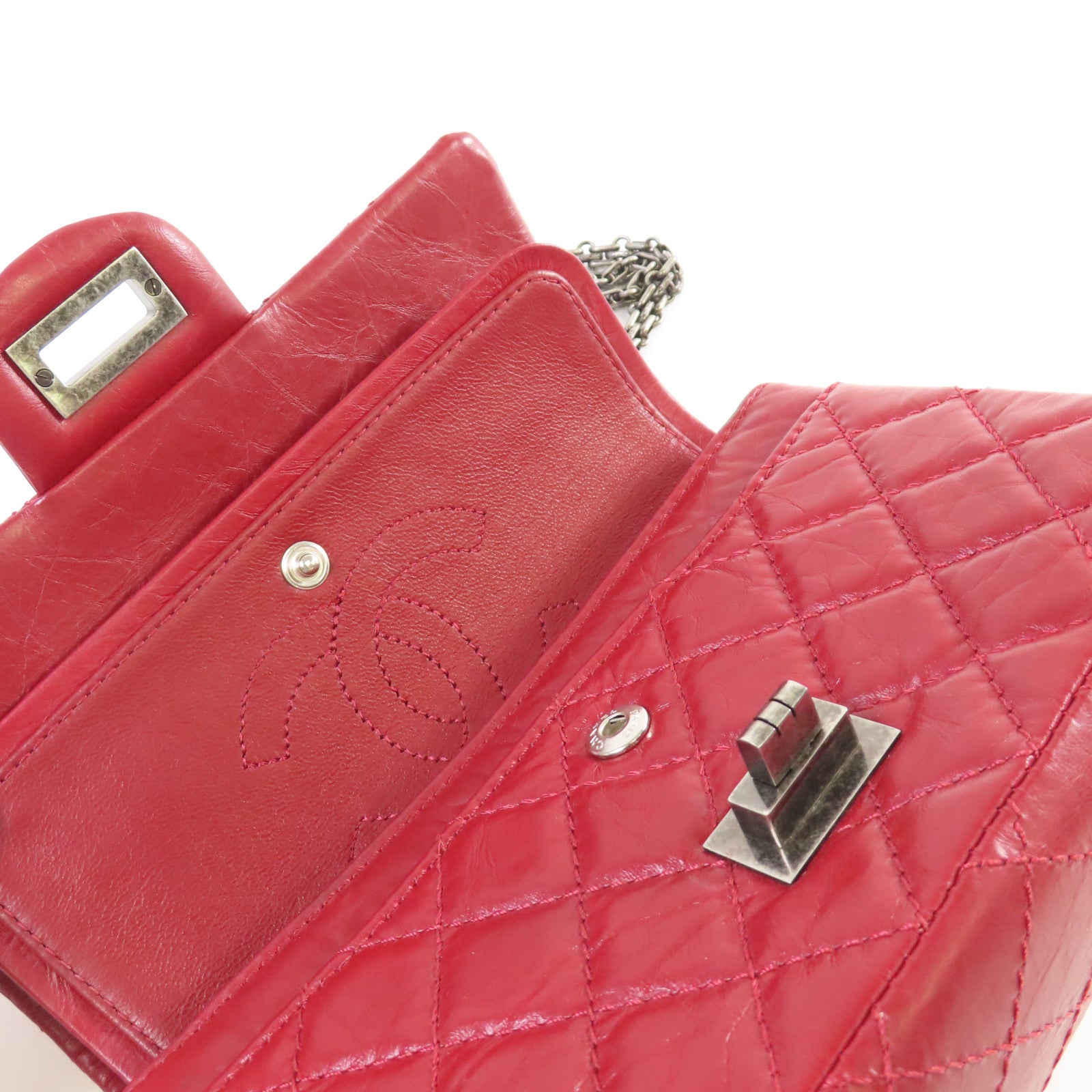 CHANEL 【激減優惠】菱格牛皮皮革2.55 Mini Chain Shoulder Bag銀扣鏈帶肩背袋酒紅色
