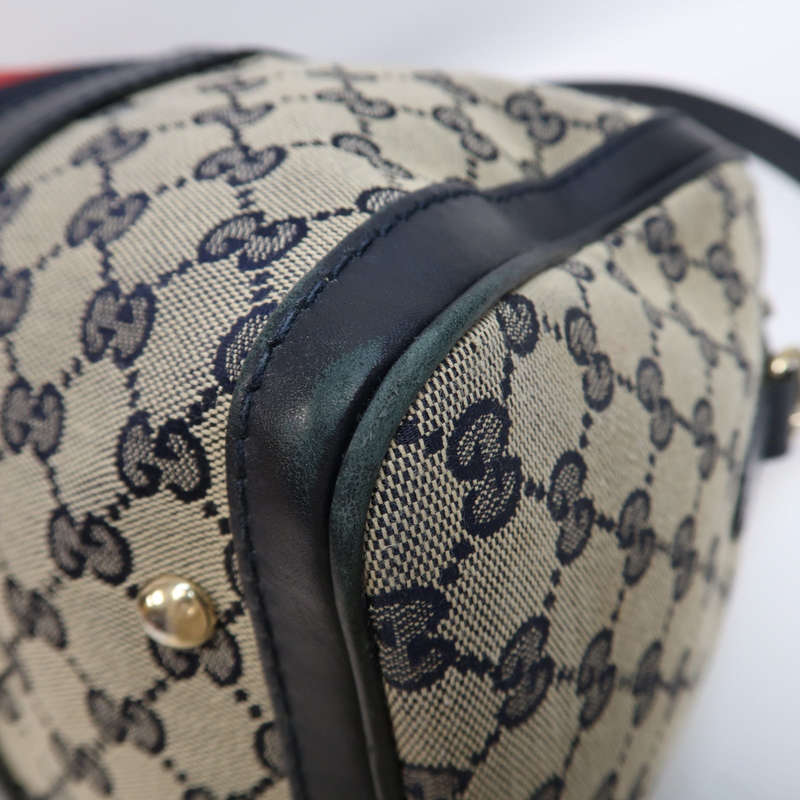 GUCCI 帆布Boston Bag金扣手挽肩背兩用袋米色/深藍色