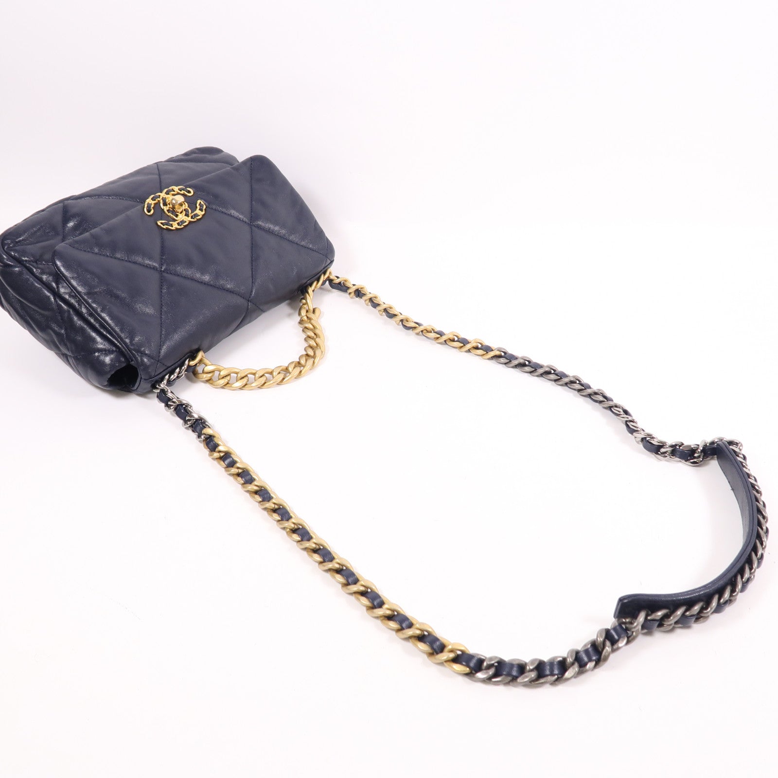 CHANEL CC C19 Small 2 Way Shoulder Bag Lambskin Leather Blue