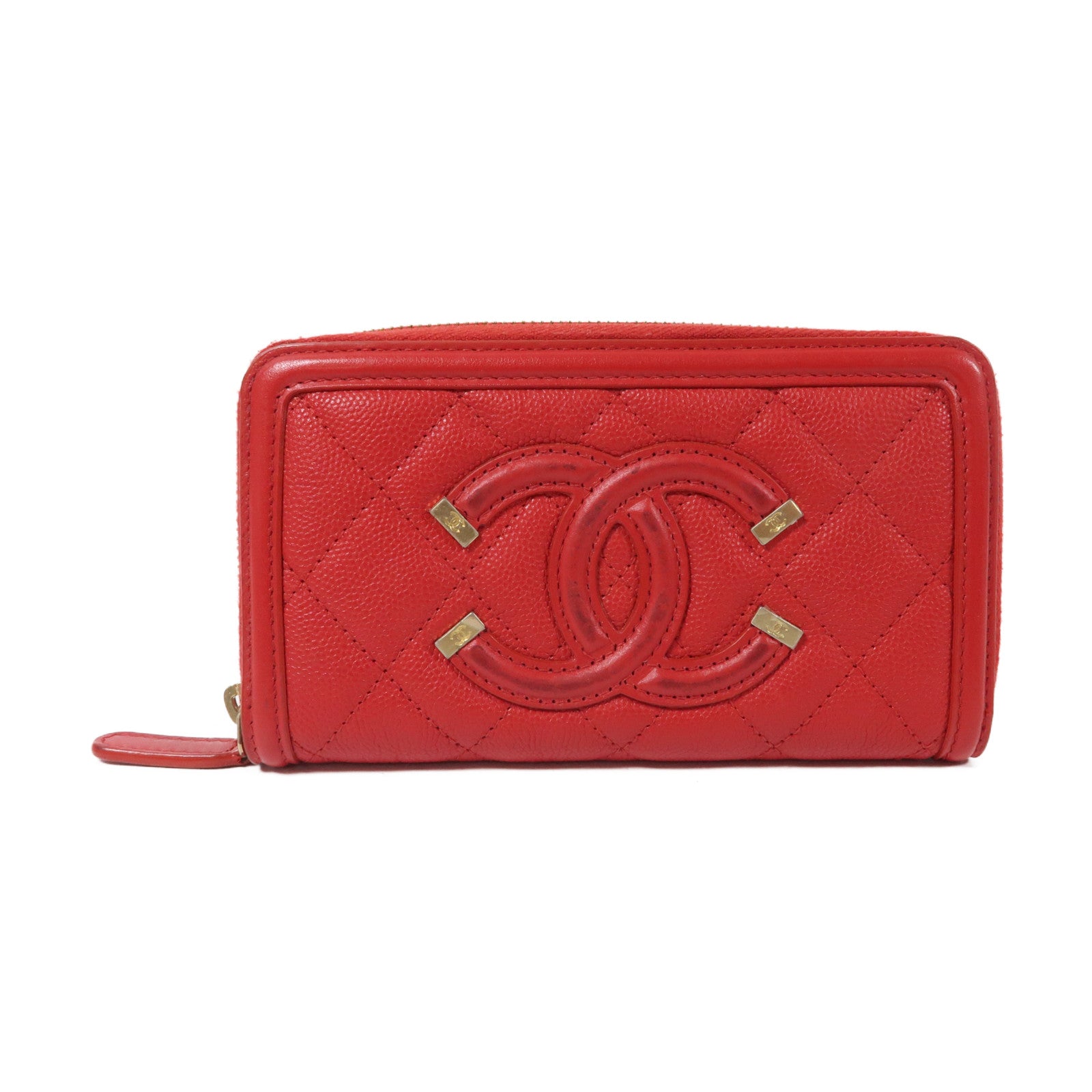 CHANEL 菱格牛皮皮革Card Case金扣卡片套紅色