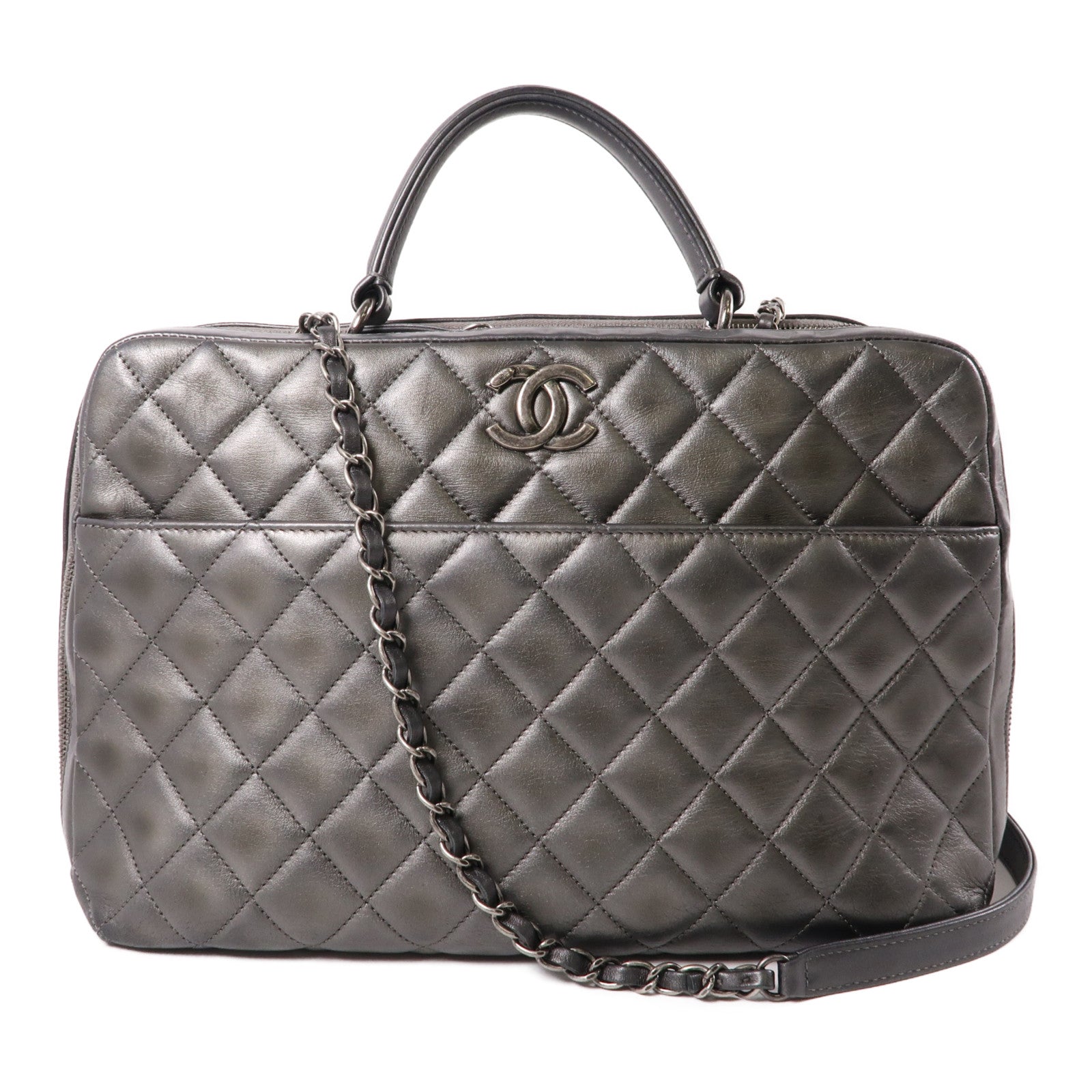 CHANEL 牛皮皮革Bowling Trendy CC銀扣手挽肩背兩用袋銀色