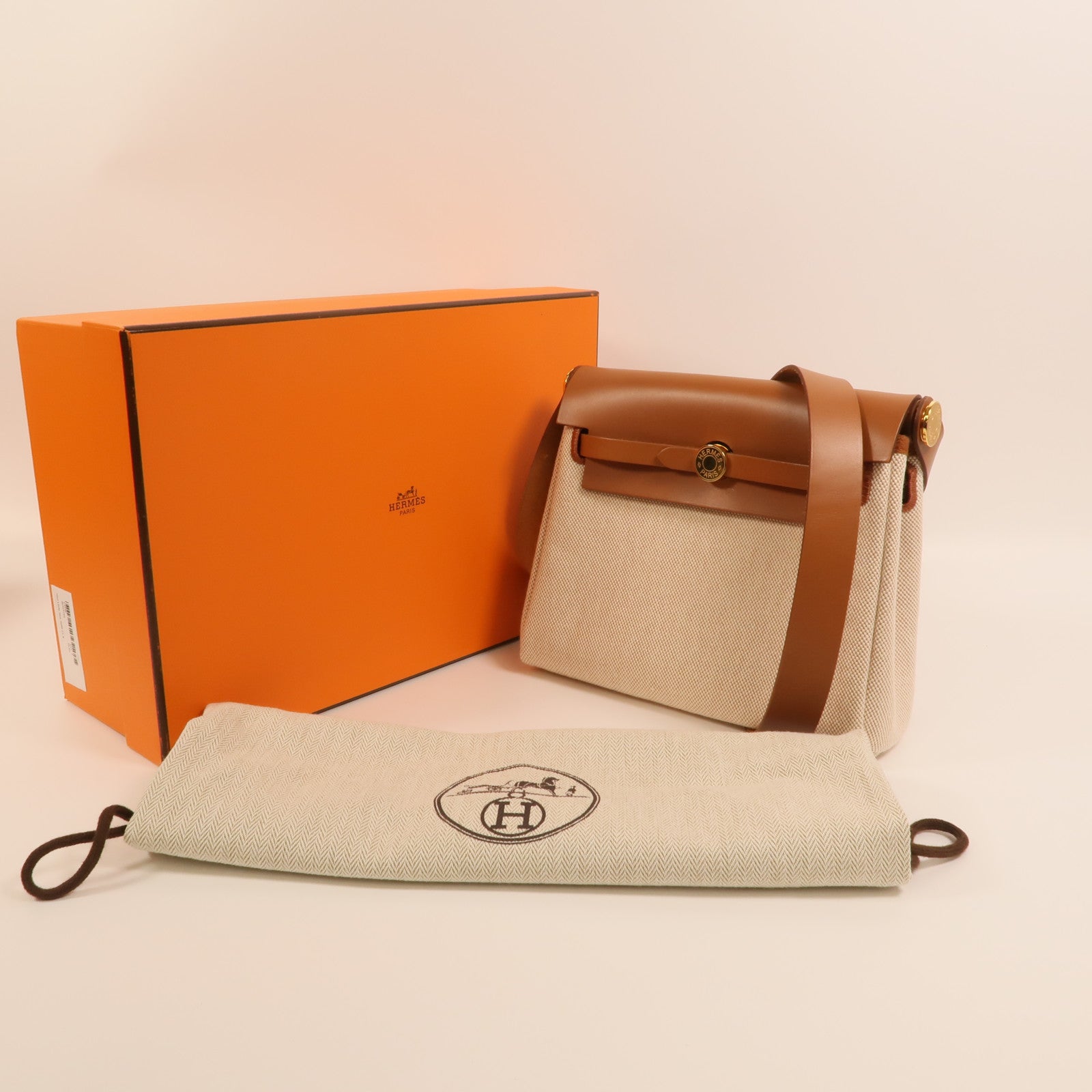 HERMES 帆布Mini Herbag金扣肩背袋Beige/Gold