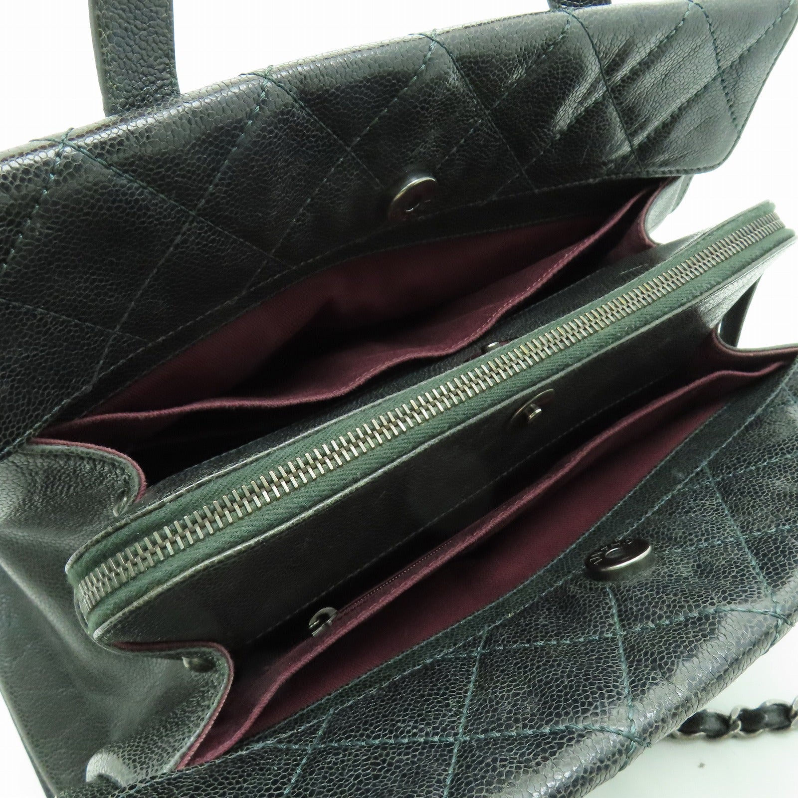 CHANEL 【激減優惠】菱格Caviar皮革2 Way Shoulder銀扣手挽肩背兩用袋深綠色