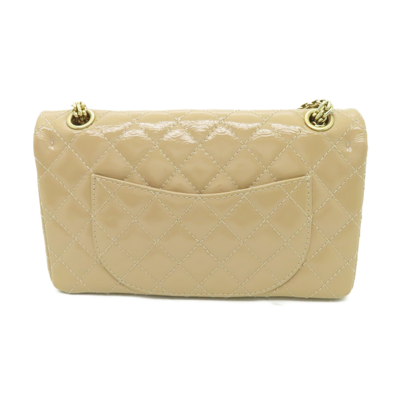 CHANEL 【清倉大減價】菱格漆皮皮革2.55 Chain Shoulder金扣鏈帶肩背袋米色