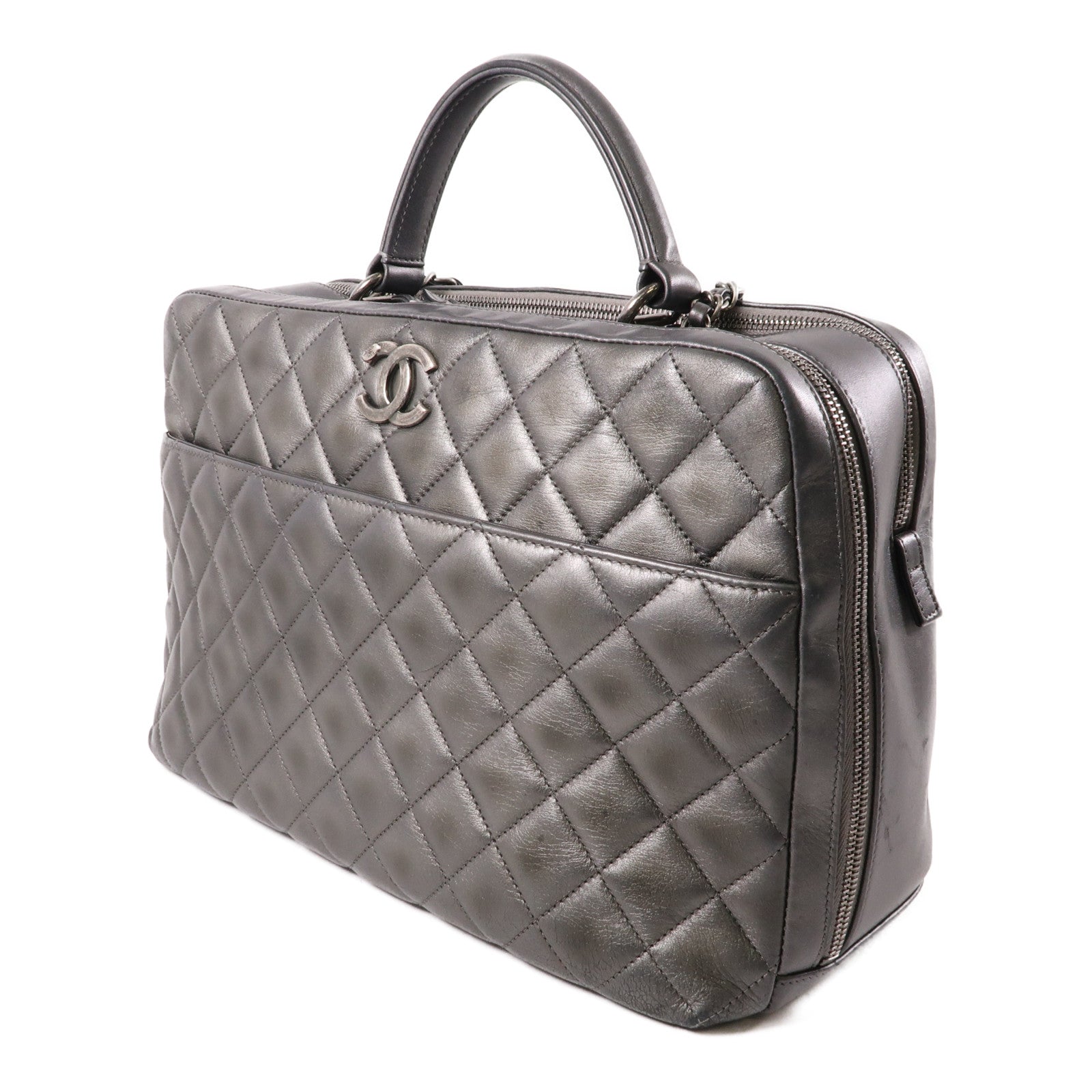 CHANEL 牛皮皮革Bowling Trendy CC銀扣手挽肩背兩用袋銀色