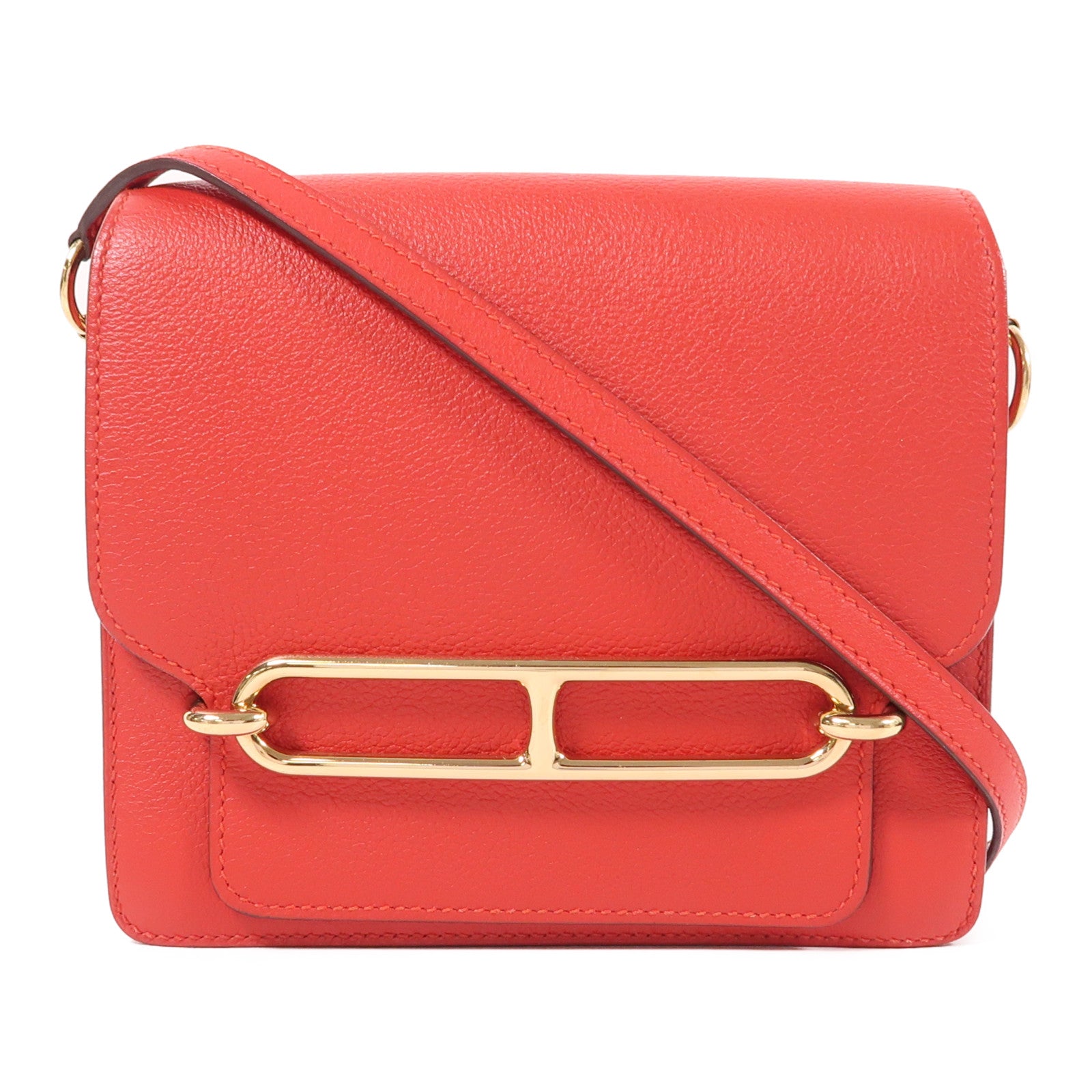 HERMES GHW Mini Roulis Shoulder Bag Evercolor Leather S3 Rouge De Coeur