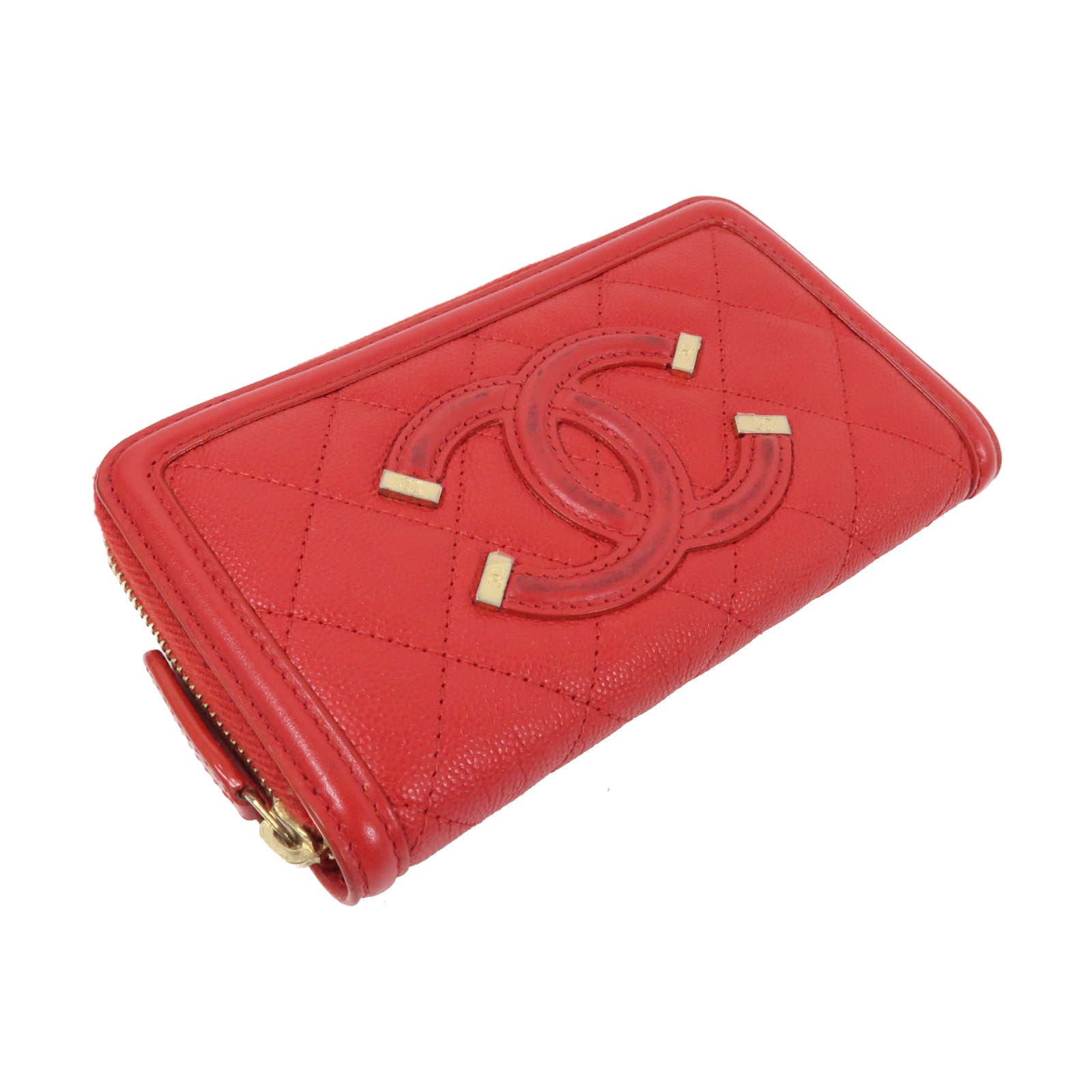 CHANEL 菱格牛皮皮革Card Case金扣卡片套紅色