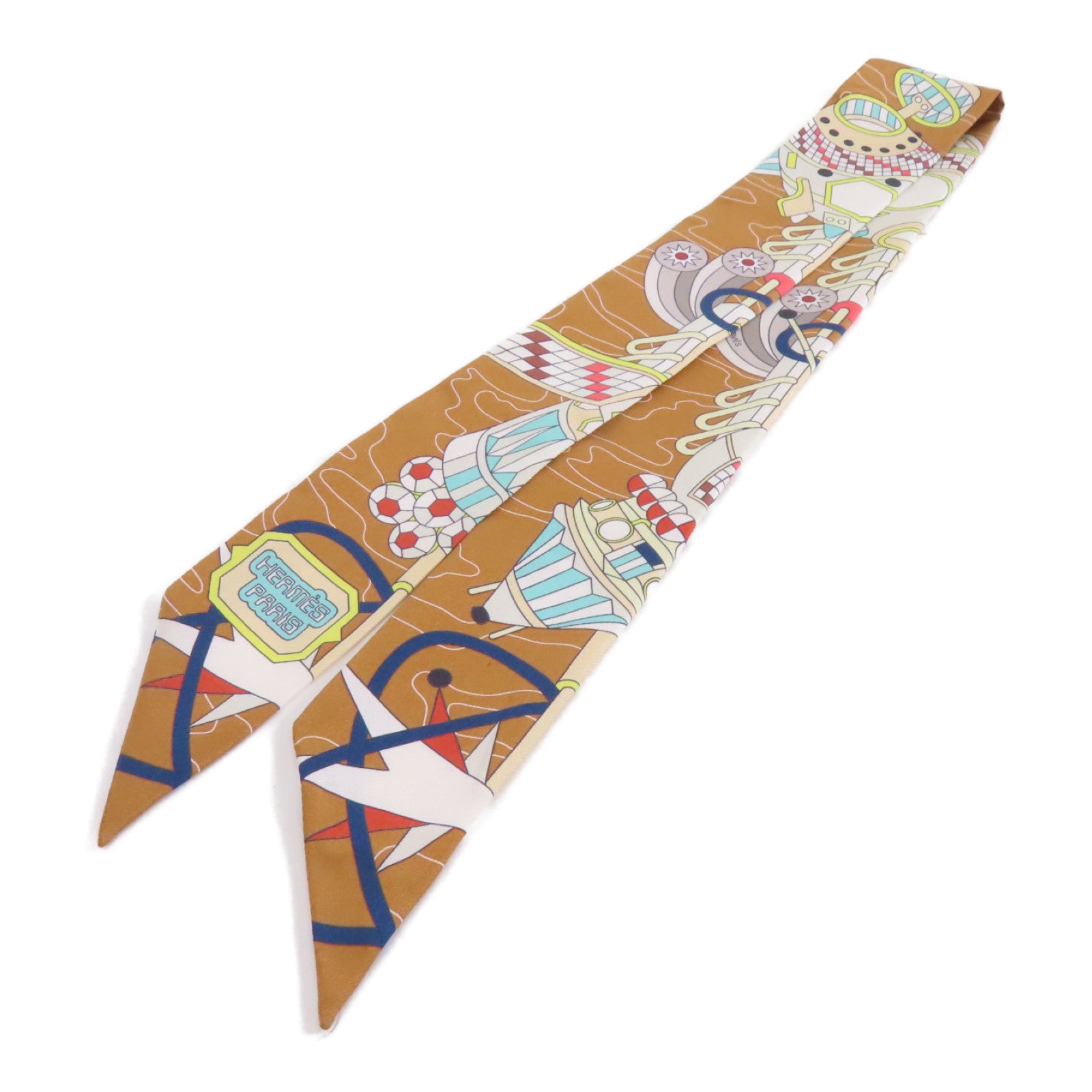 HERMES 絲質Twilly絲巾棕色/彩色