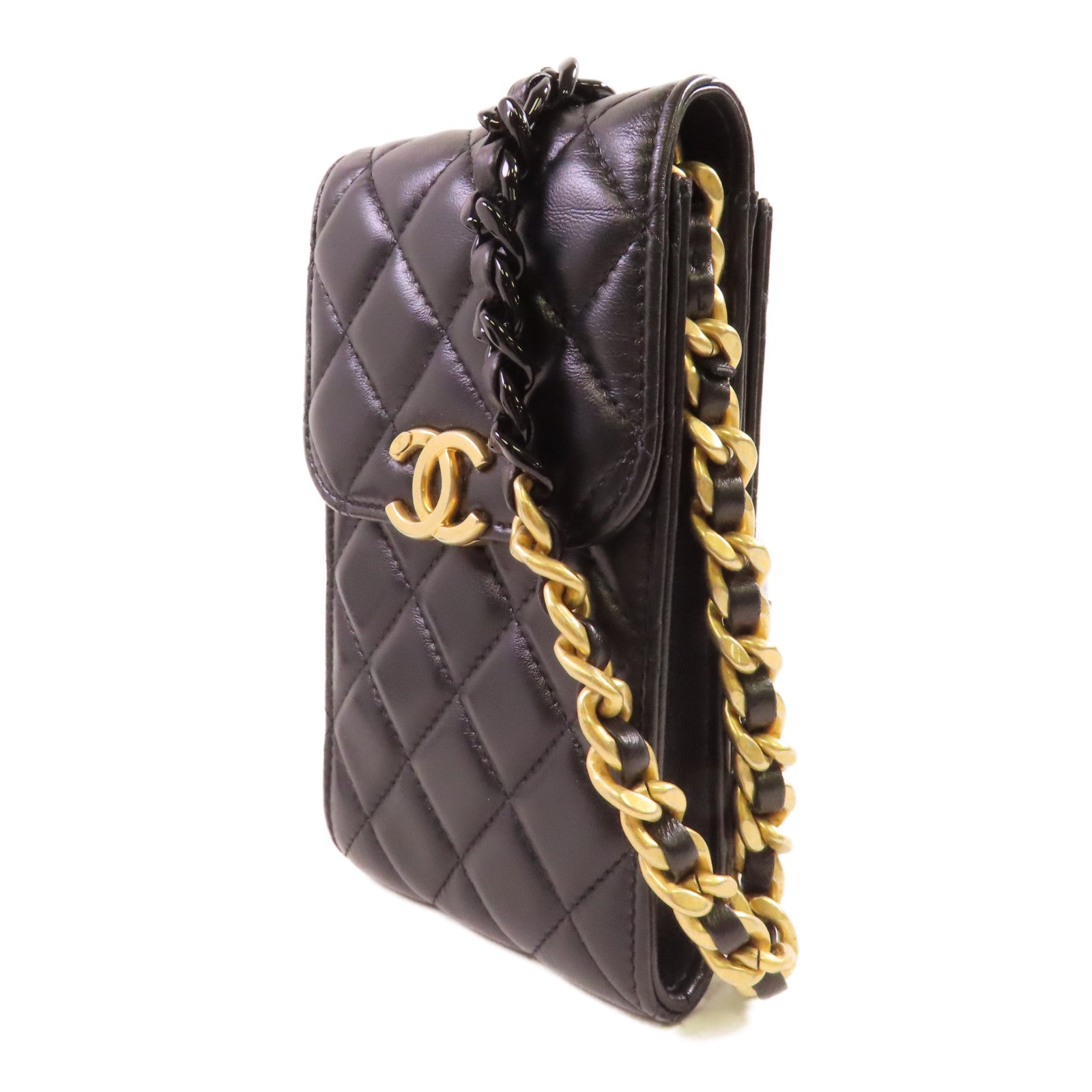 CHANEL 菱格羊皮皮革Phone Bag金扣鏈帶肩背袋黑色