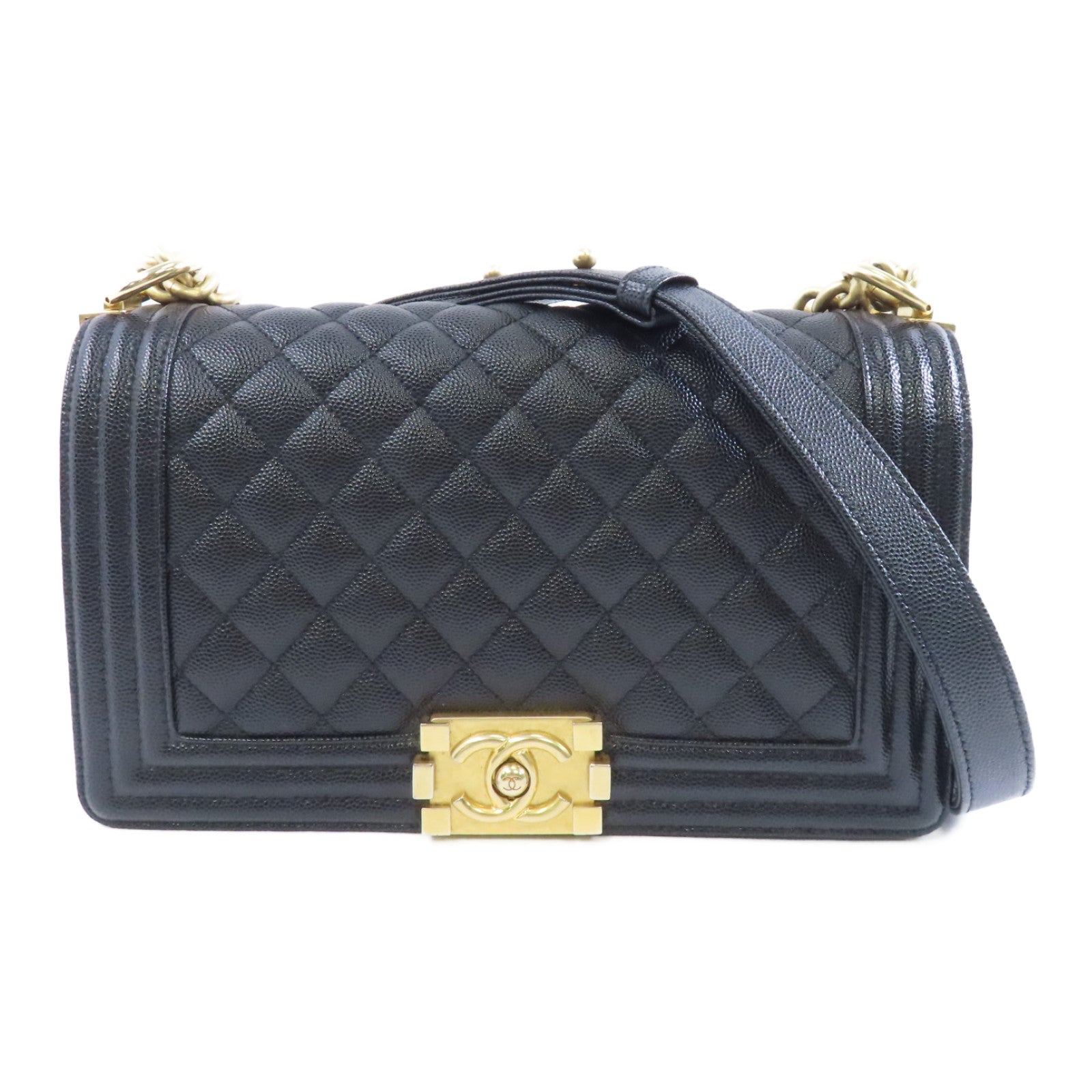 CHANEL Caviar皮革Boy 25金扣鏈帶肩背袋黑色