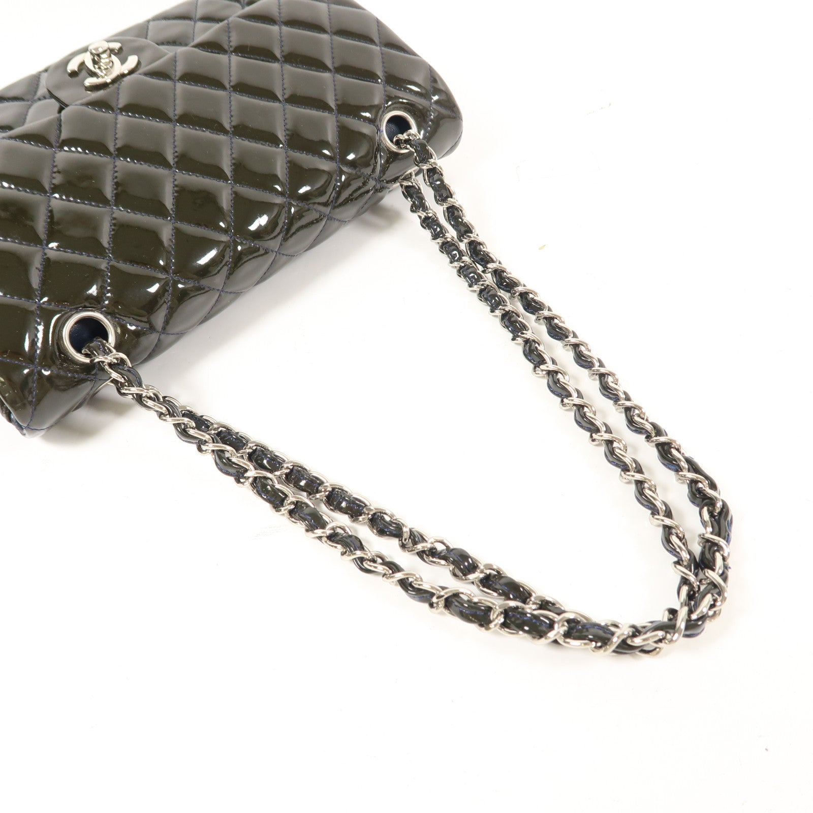 CHANEL 漆皮皮革Classic 25銀扣鏈帶手挽肩背兩用袋