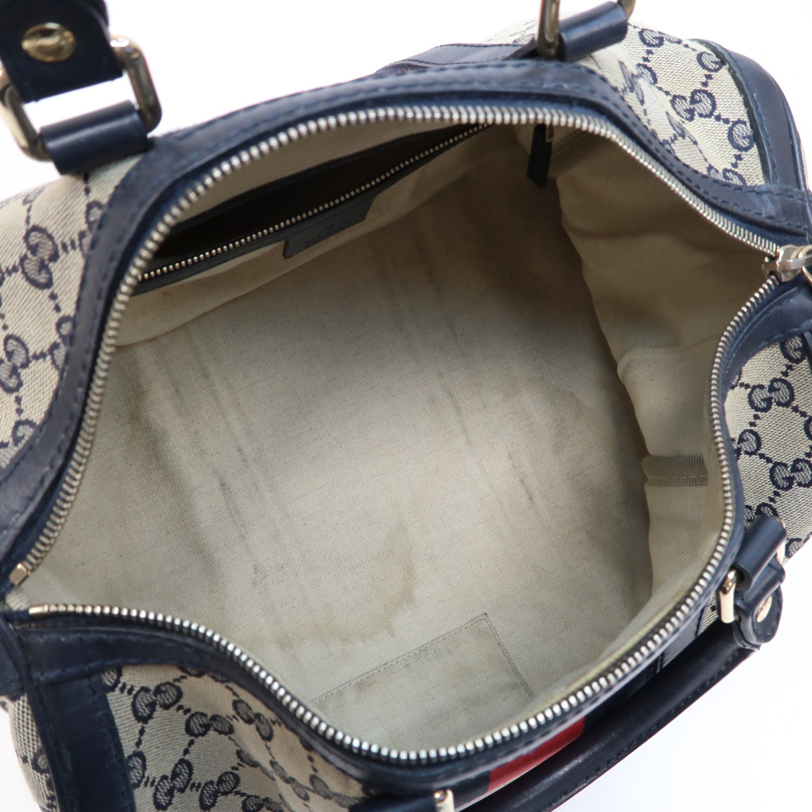 GUCCI 帆布Boston Bag金扣手挽肩背兩用袋米色/深藍色