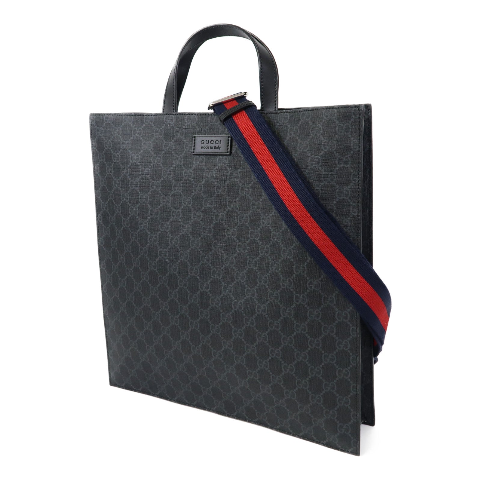 GUCCI 塗層帆布GG Supreme銀扣手挽肩背兩用袋黑色
