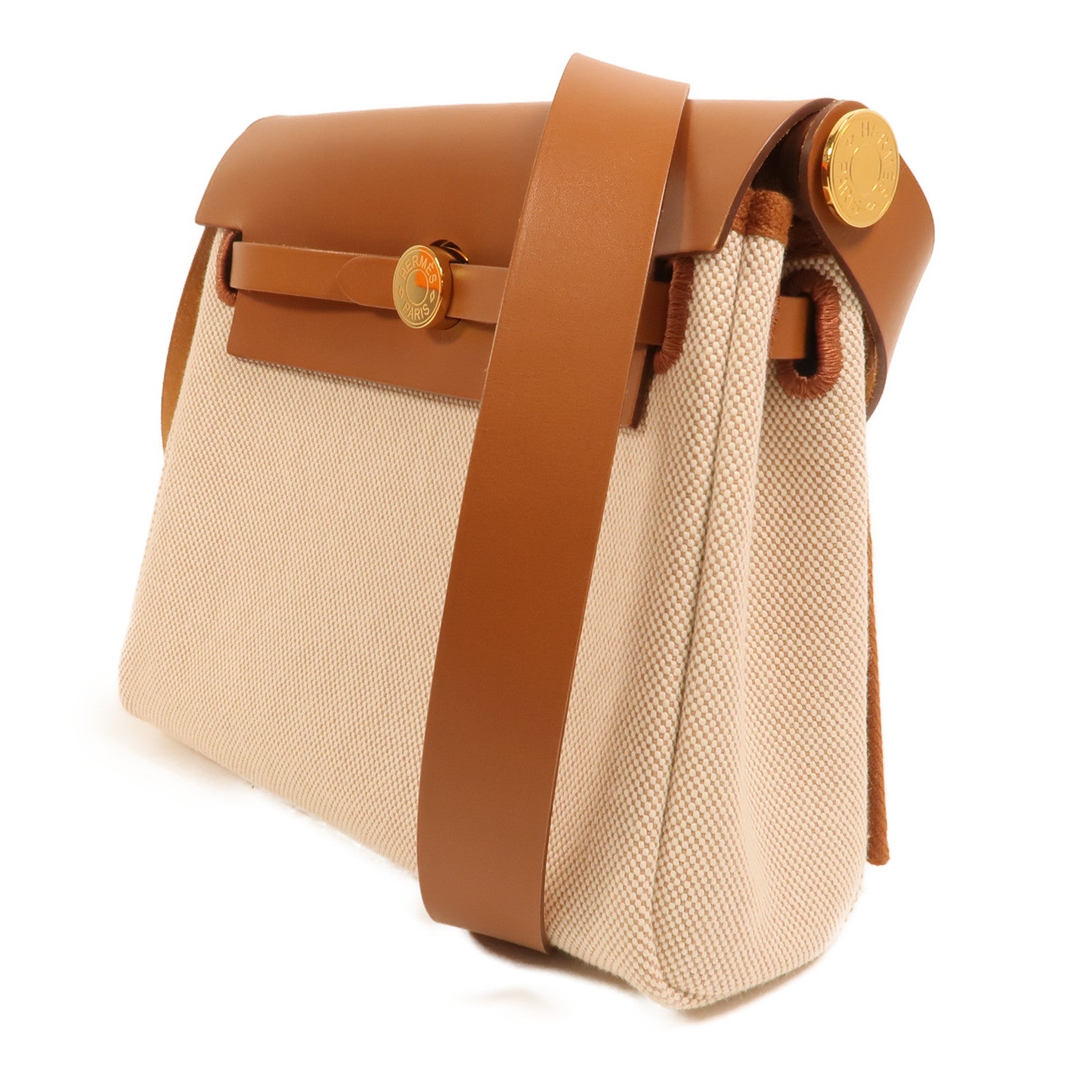 HERMES 帆布Mini Herbag金扣肩背袋Beige/Gold
