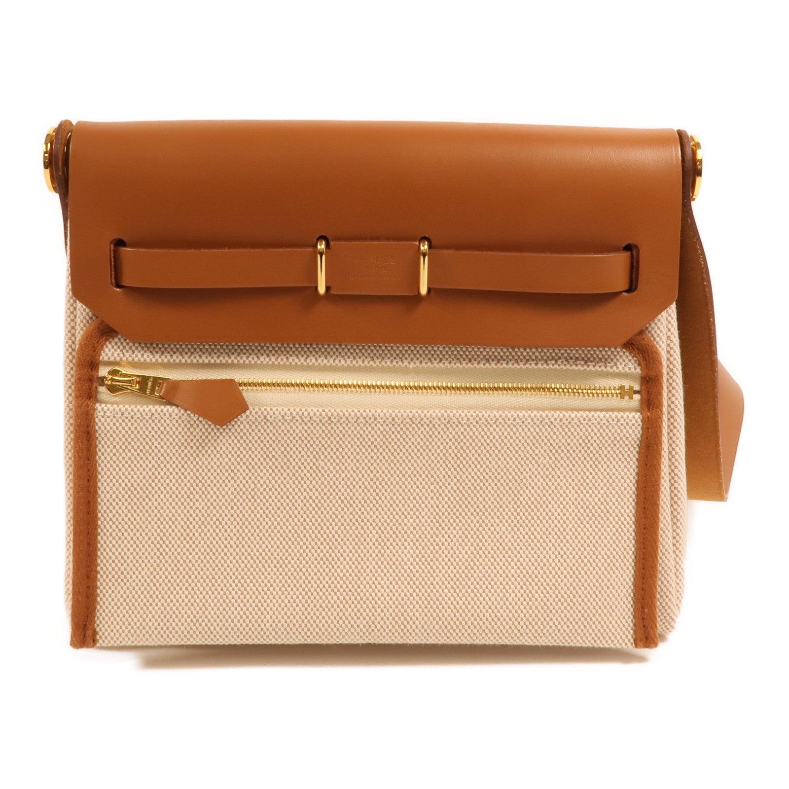 HERMES 帆布Mini Herbag金扣肩背袋Beige/Gold