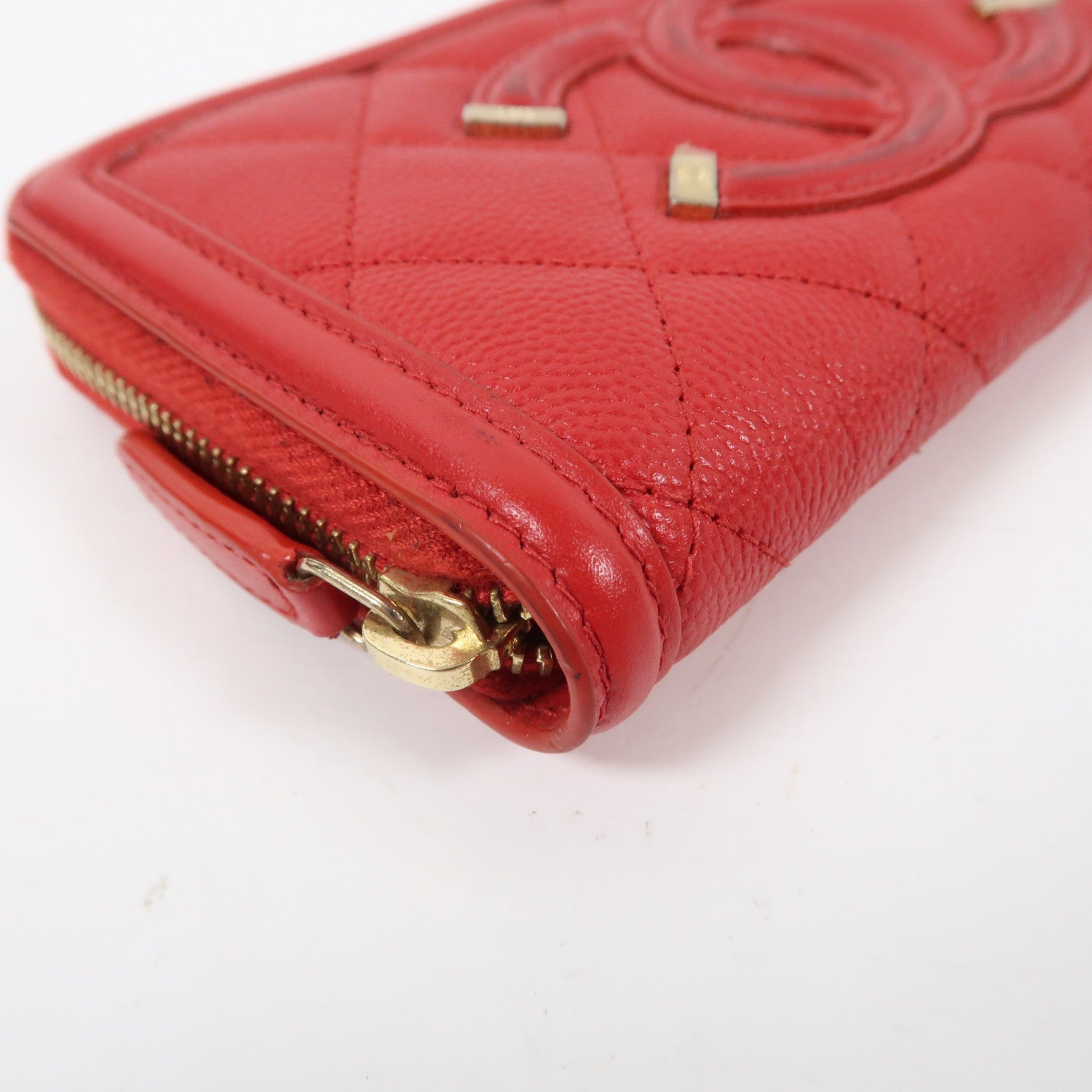 CHANEL 菱格牛皮皮革Card Case金扣卡片套紅色