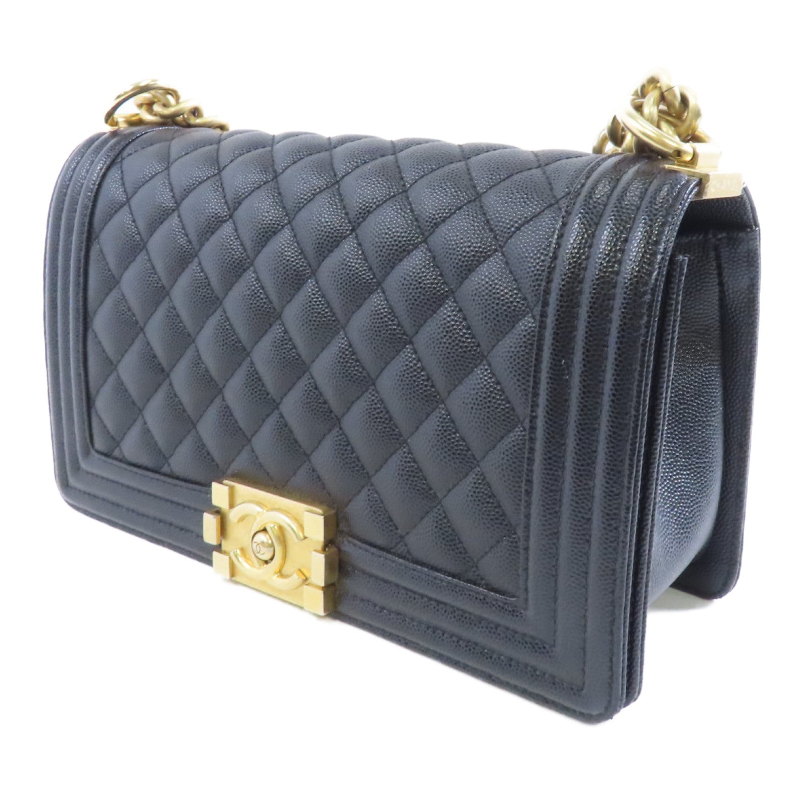 CHANEL Caviar皮革Boy 25金扣鏈帶肩背袋黑色
