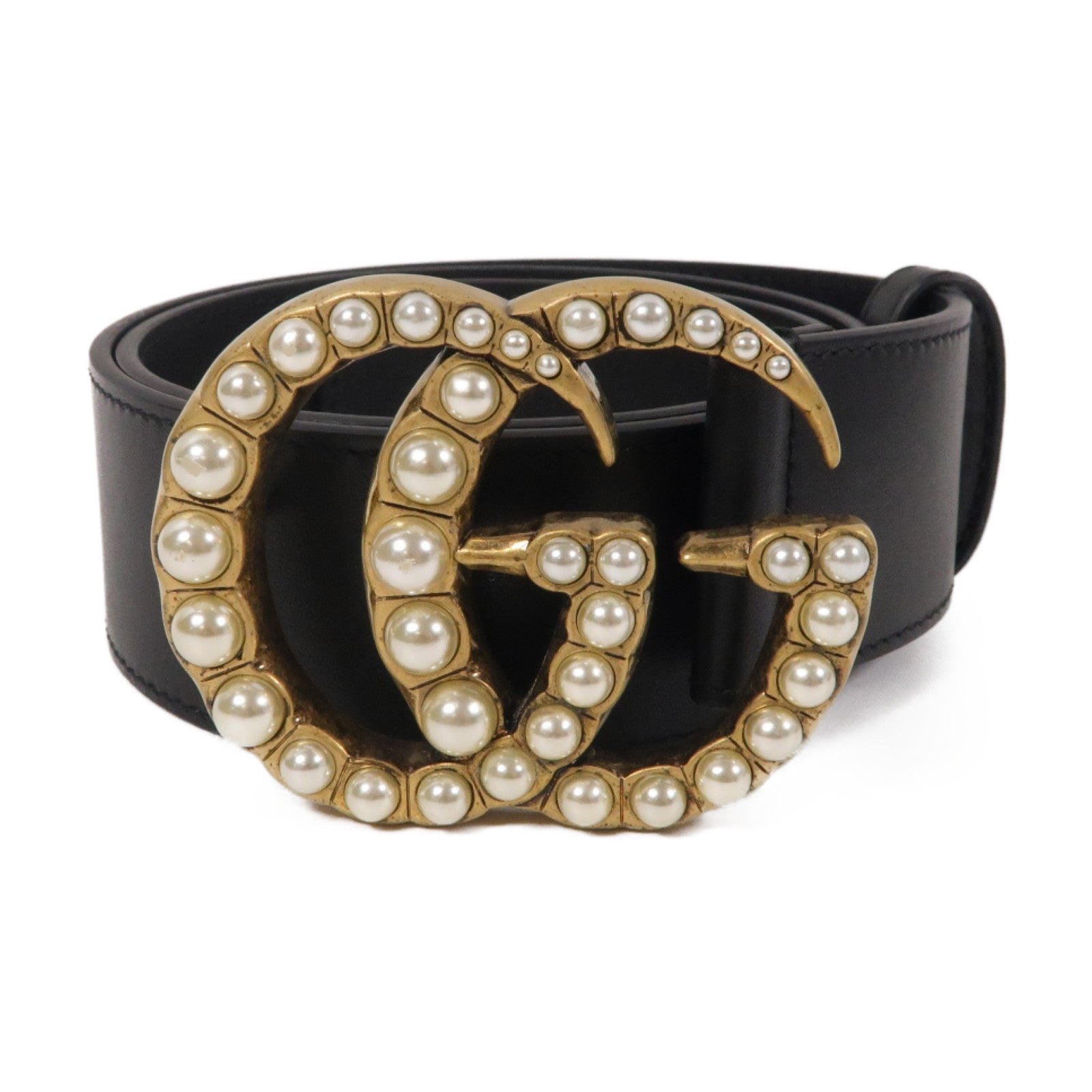 GUCCI 【激減優惠】牛皮皮革GG Marmont Pearl金扣皮帶黑色