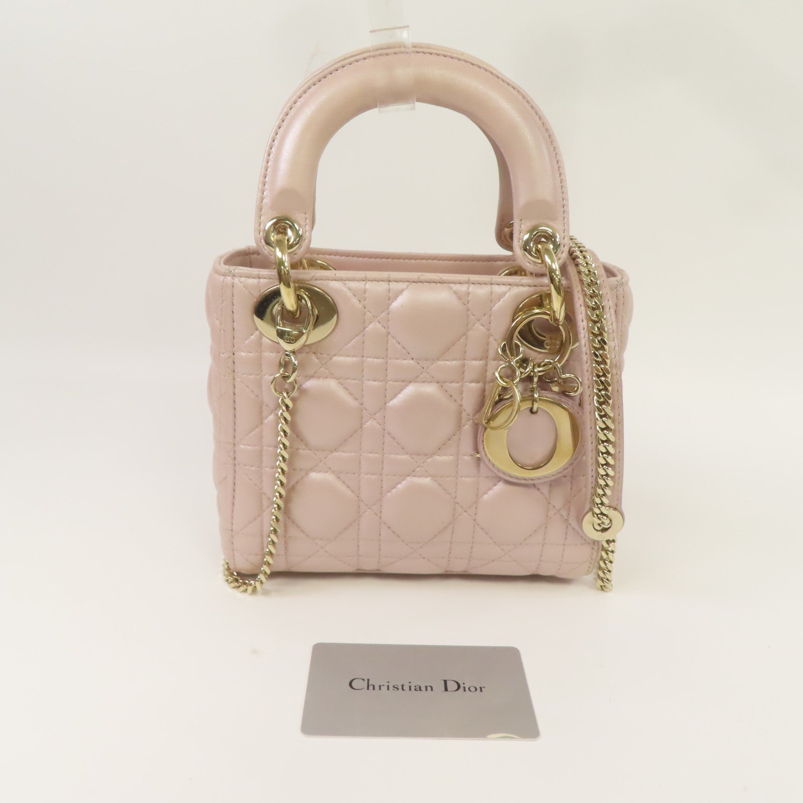 Dior 羊皮皮革Mini Lady Dior金扣手挽肩背兩用袋粉紅色