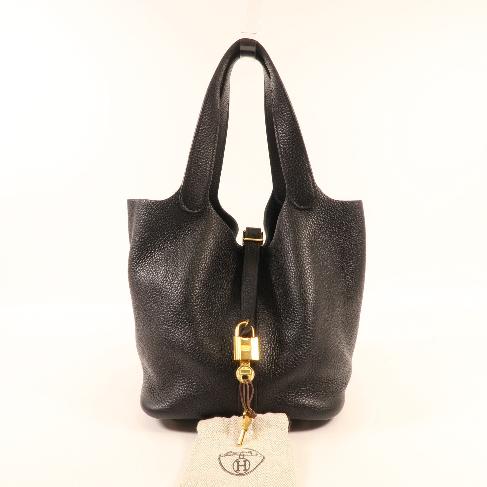 HERMES Clemence皮革Picotin MM金扣手挽袋Noir