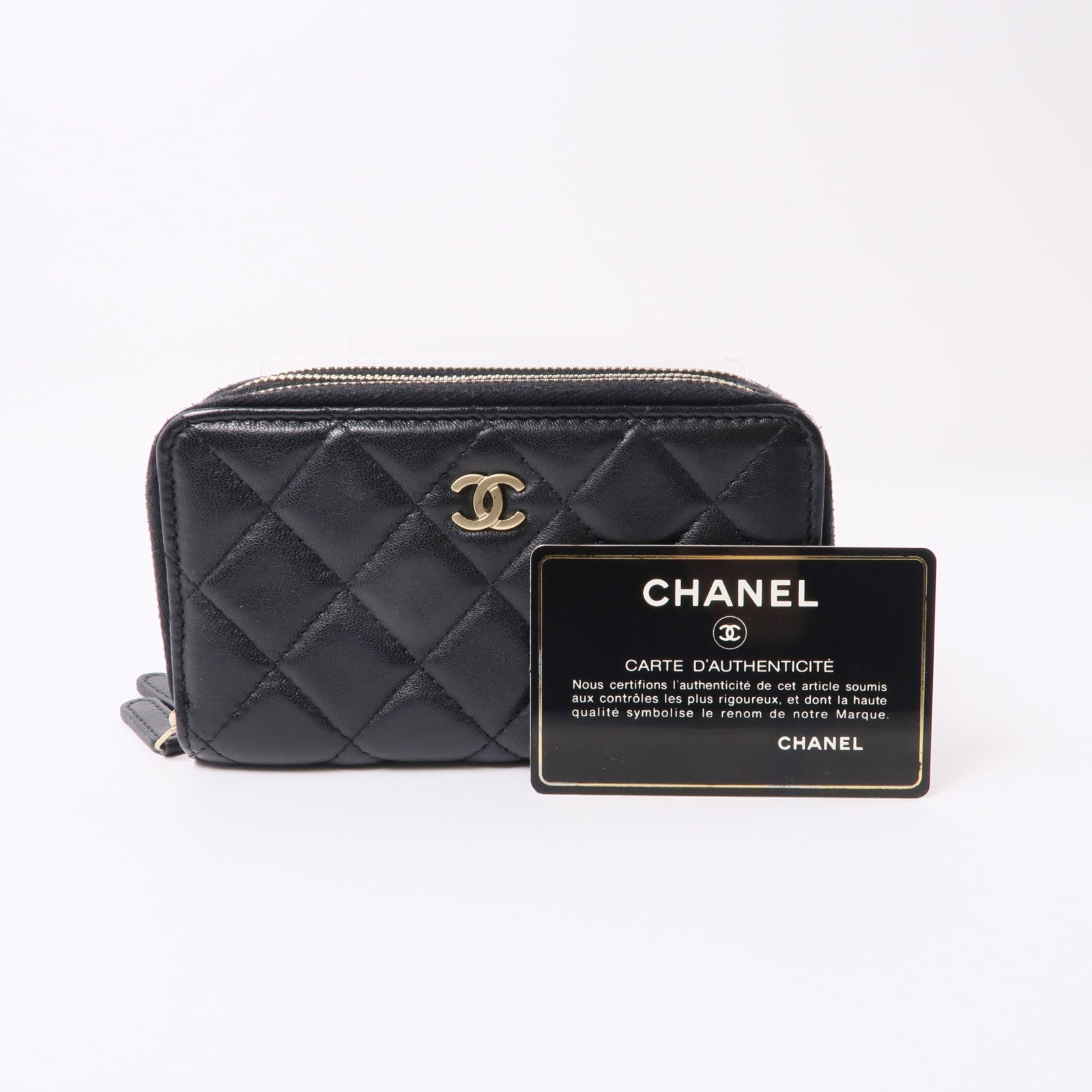 CHANEL 羊皮皮革Zipper Wallet金扣錢包黑色