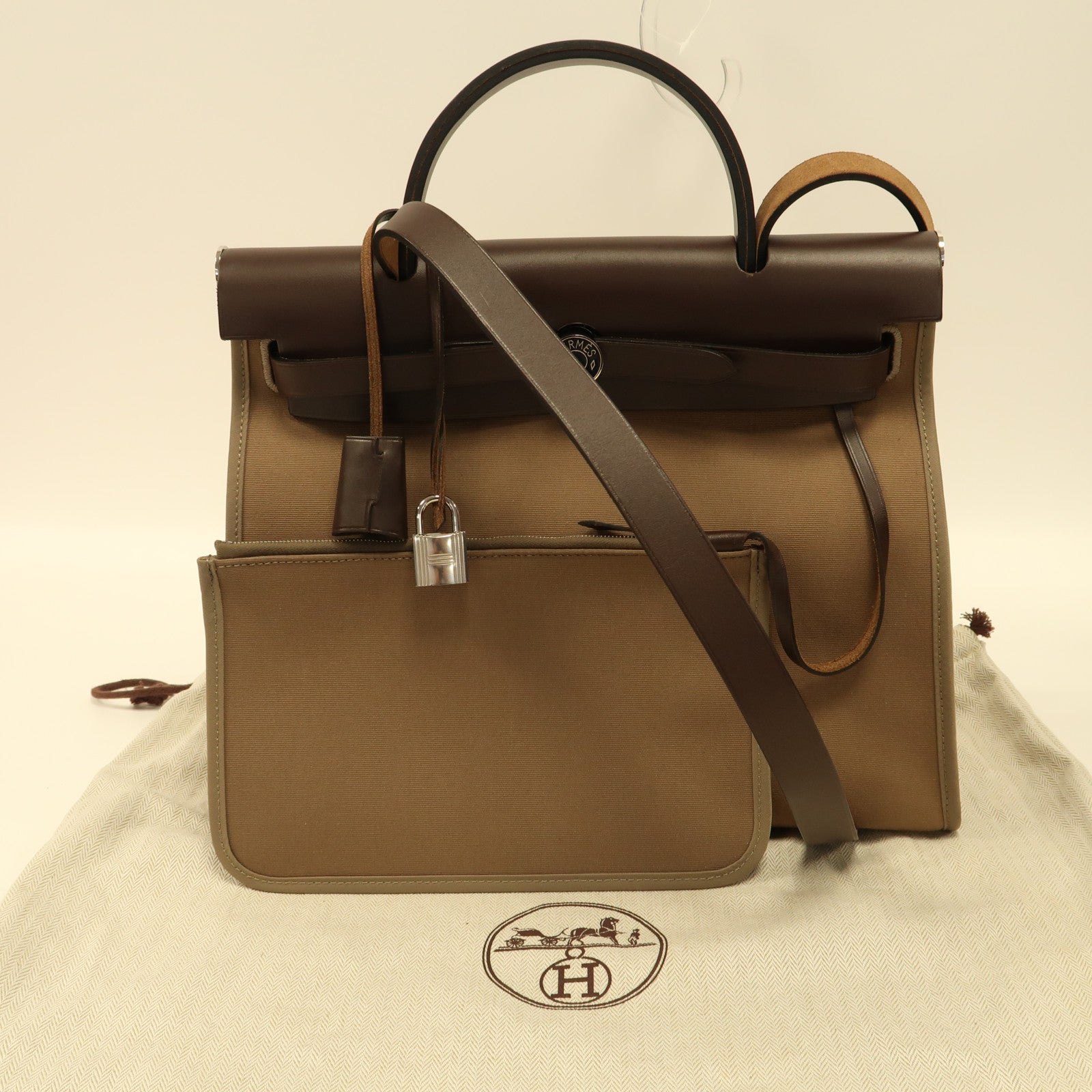 HERMES 帆布Herbag銀扣手挽肩背兩用袋Etoupe/Ebene/啡色