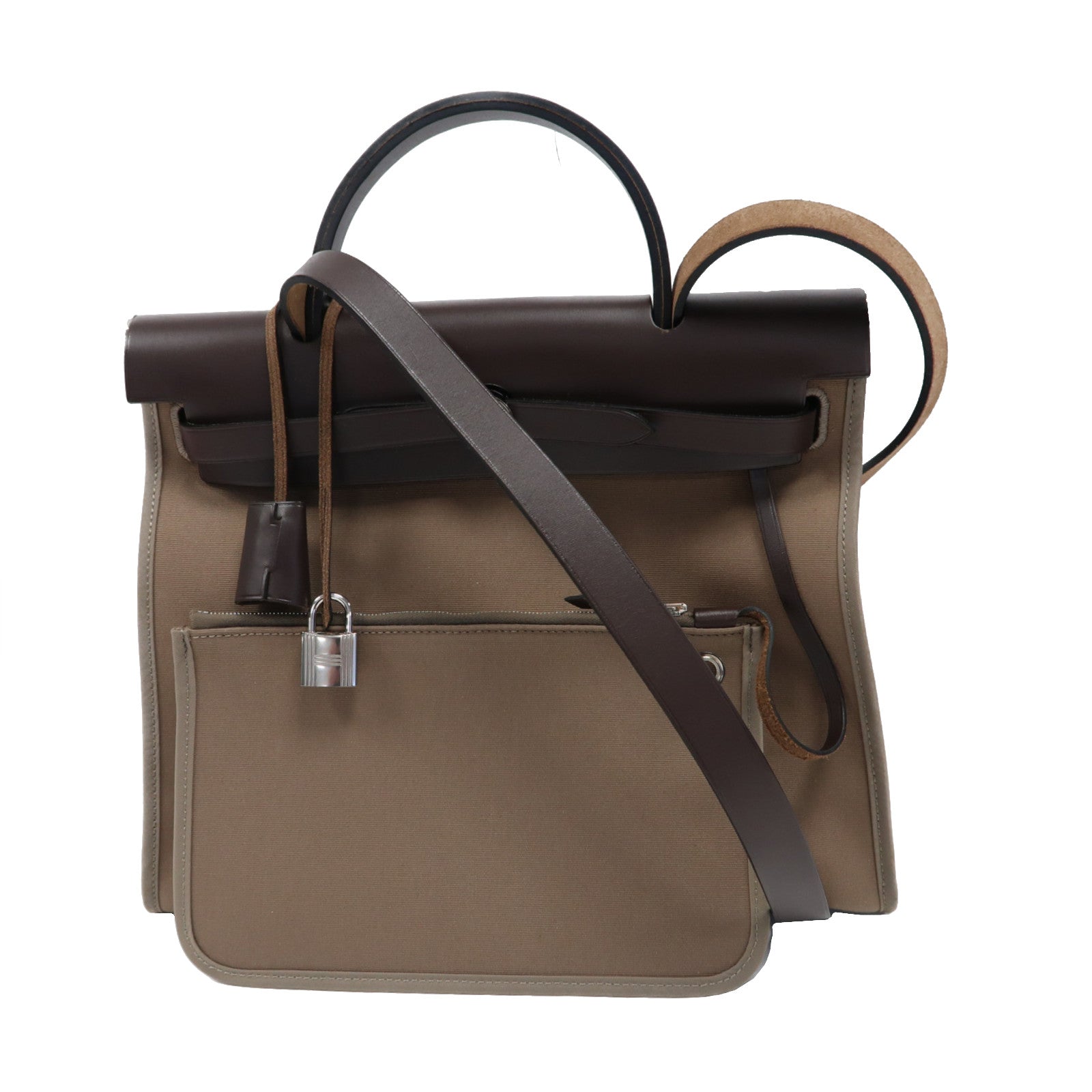 HERMES 帆布Herbag銀扣手挽肩背兩用袋Etoupe/Ebene/啡色