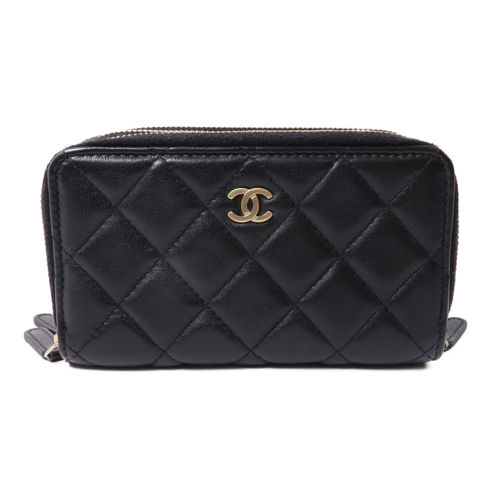 CHANEL 羊皮皮革Zipper Wallet金扣錢包黑色
