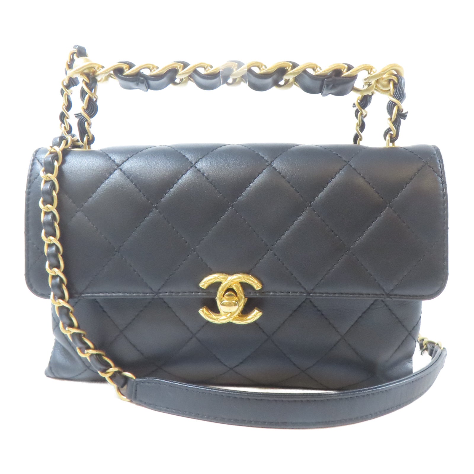 CHANEL 菱格羊皮皮革Handle Chain Flap金扣鏈帶手挽肩背兩用袋黑色