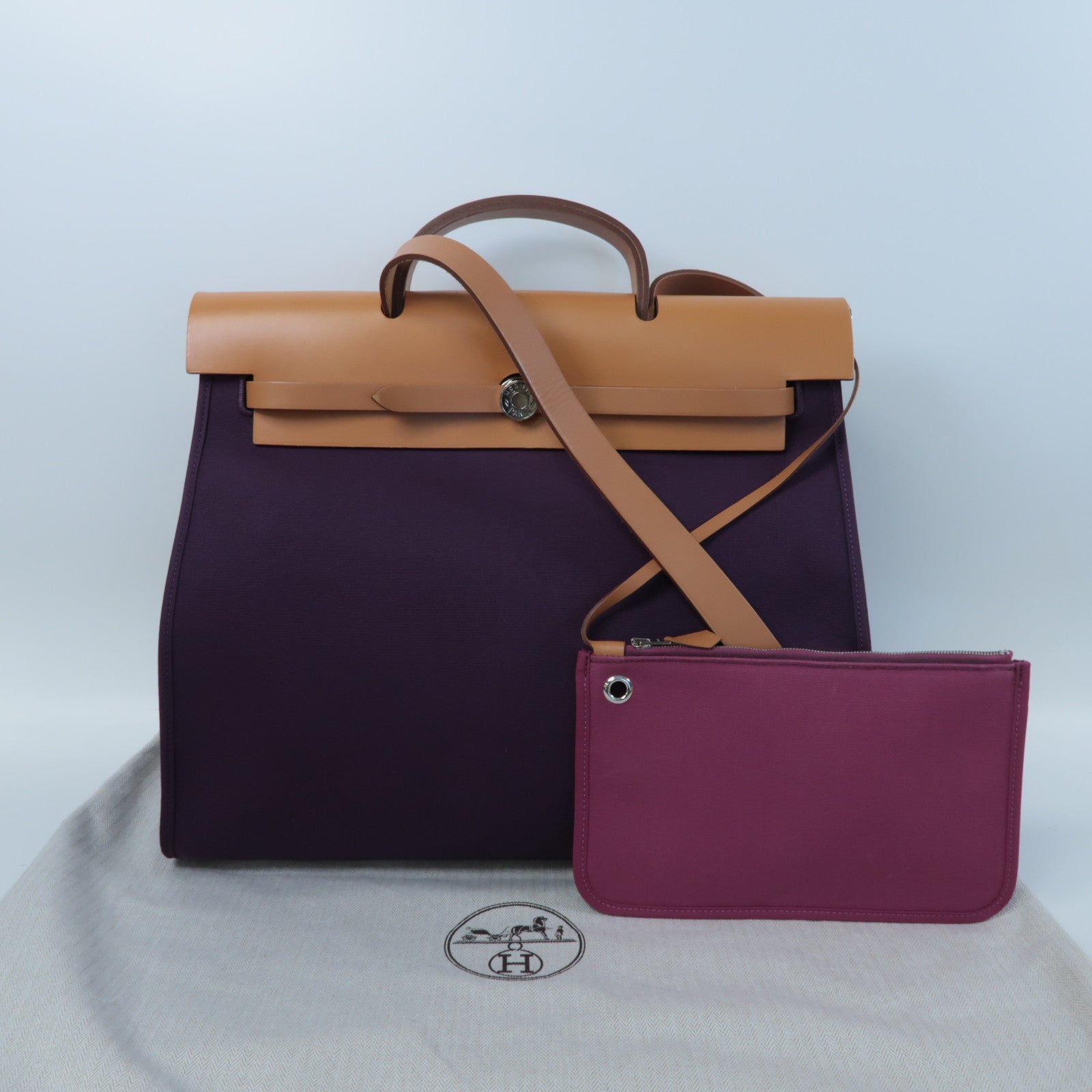 HERMES 【激減優惠】帆布Herbag GM銀扣手挽肩背兩用袋紫色