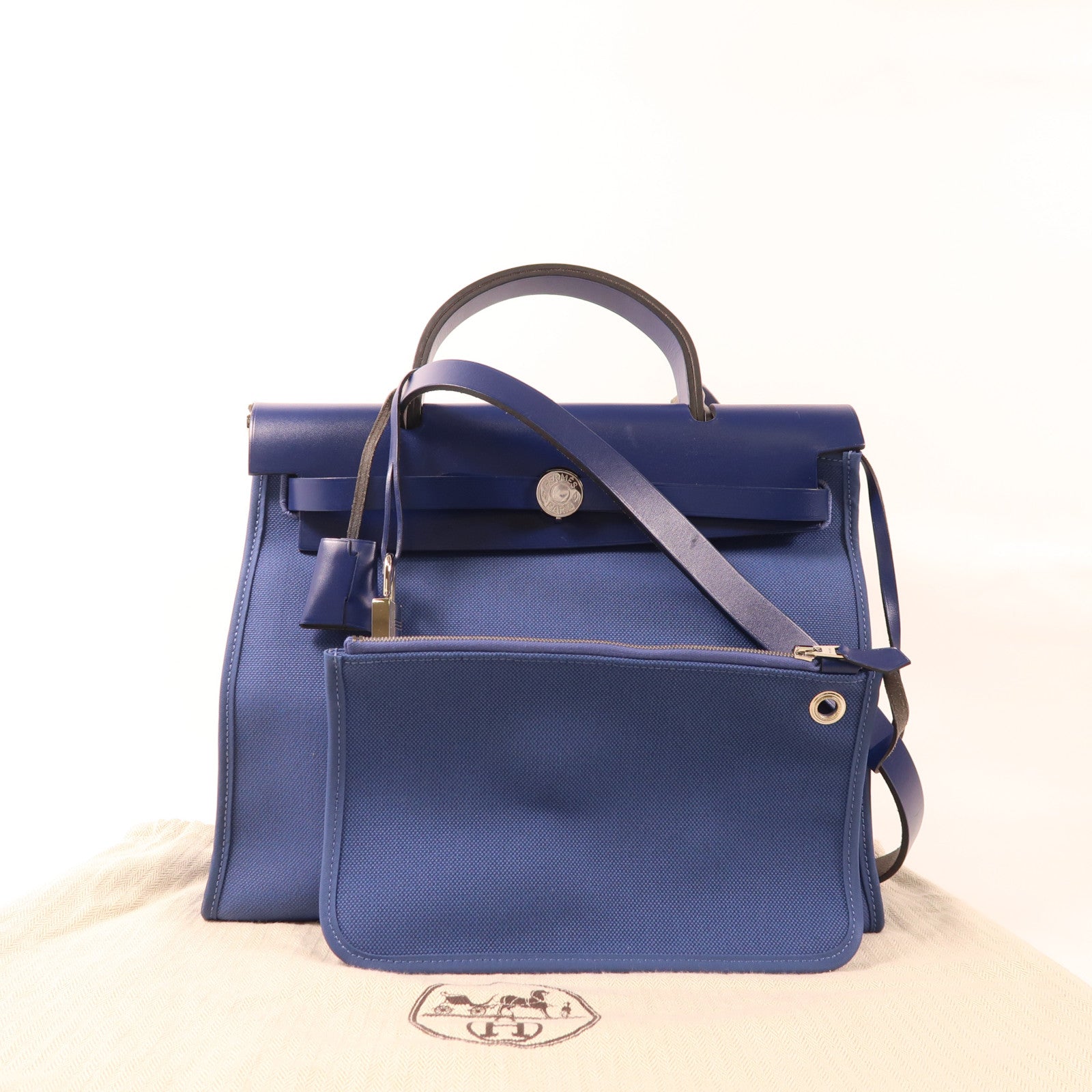 HERMES 【激減優惠】帆布Herbag PM銀扣手挽肩背兩用袋Bleu Brighton藍色