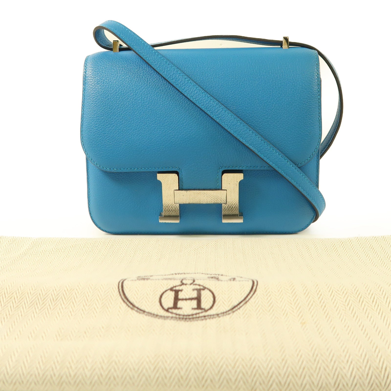 HERMES Evercolor皮革Constance Mini銀扣肩背袋7W Bleu Izmir