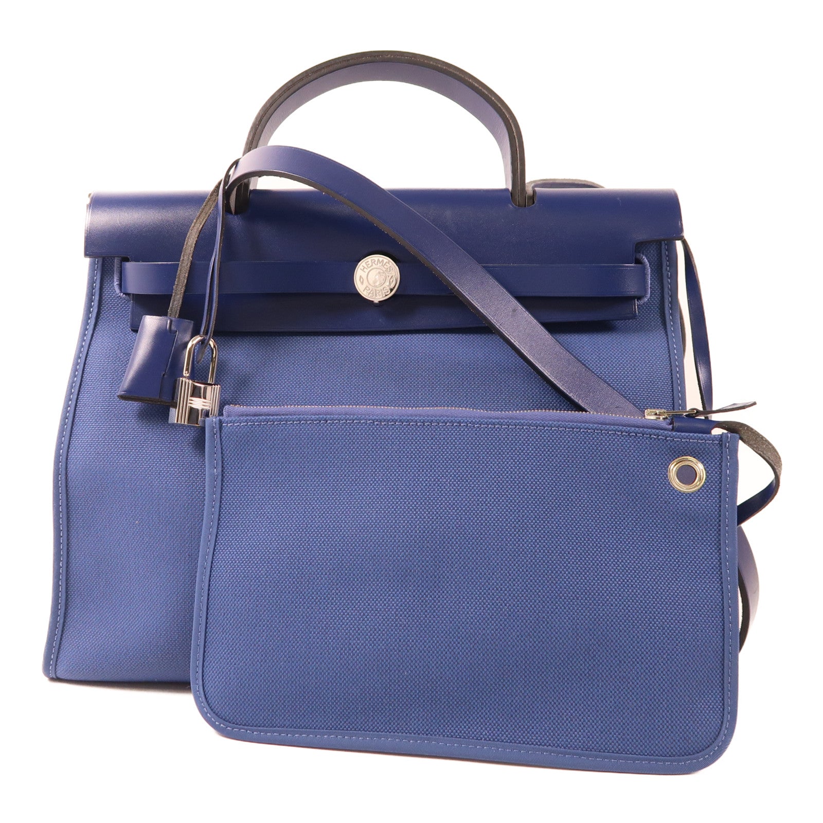 HERMES 【激減優惠】帆布Herbag PM銀扣手挽肩背兩用袋Bleu Brighton藍色