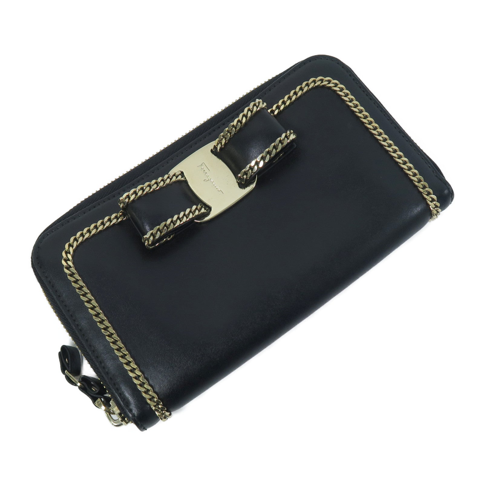 Salvatore Ferragamo 【激減優惠】牛皮皮革Long Wallet金扣長錢包黑色
