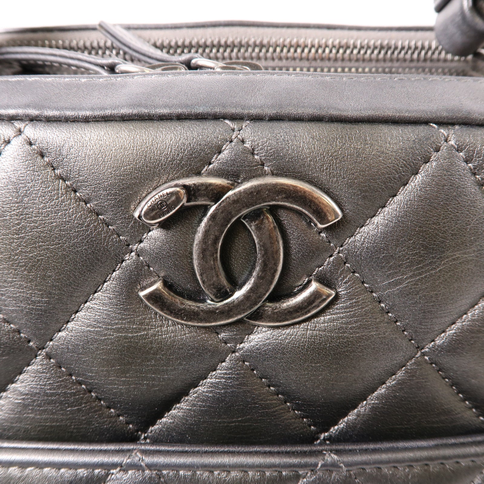 CHANEL 牛皮皮革Bowling Trendy CC銀扣手挽肩背兩用袋銀色