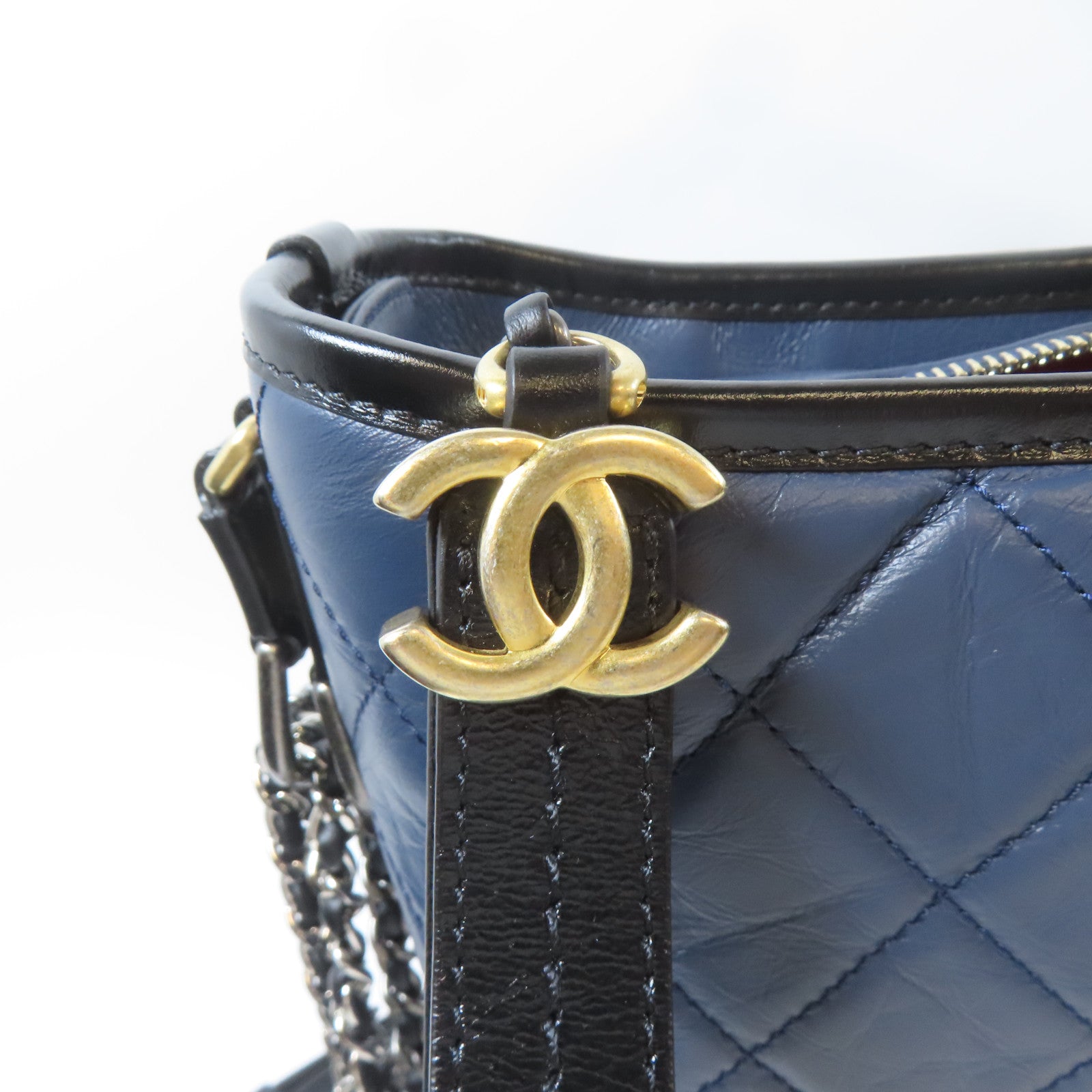 CHANEL 菱格牛皮皮革Gabrielle Large金扣/銀扣鏈帶肩背袋藍色