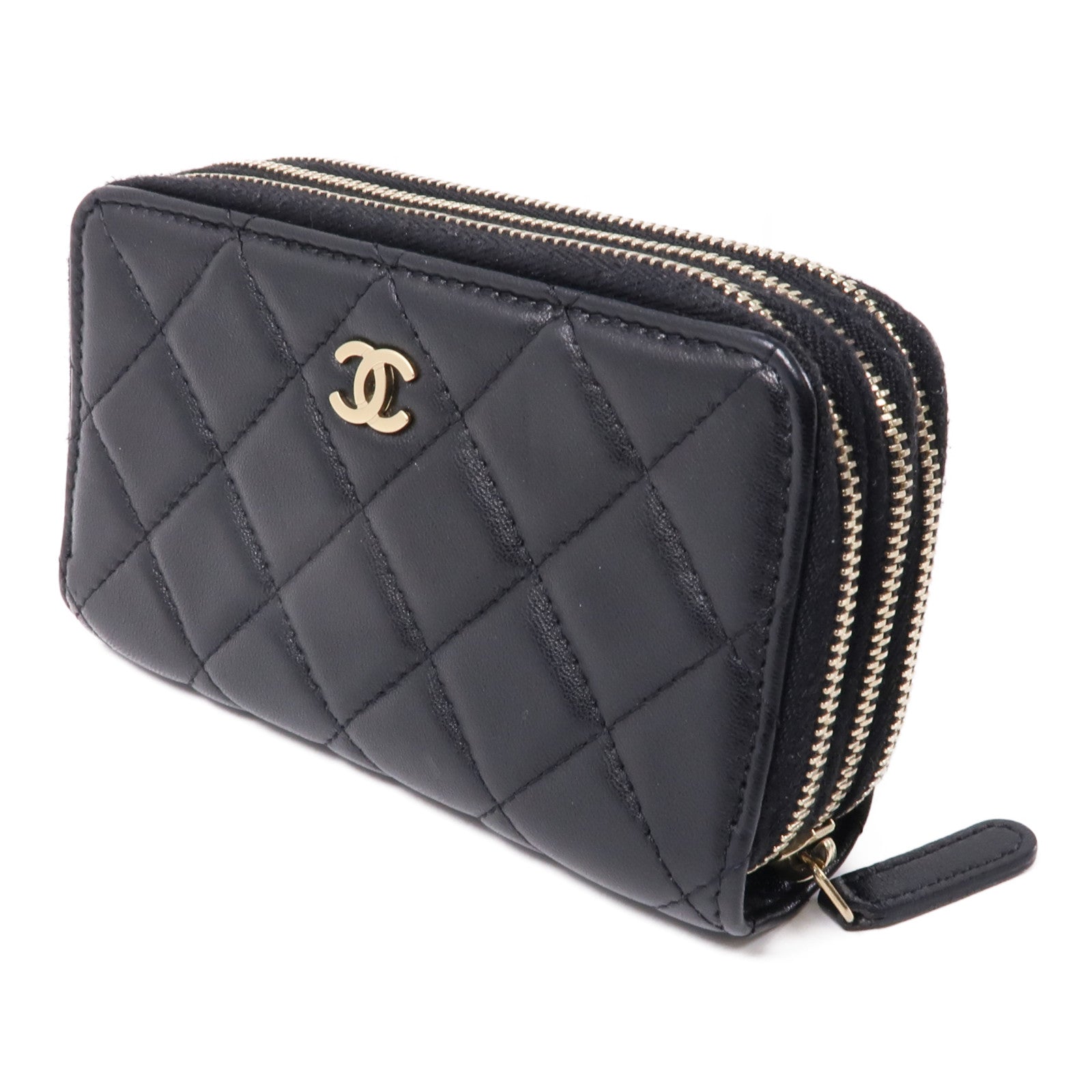 CHANEL 羊皮皮革Zipper Wallet金扣錢包黑色
