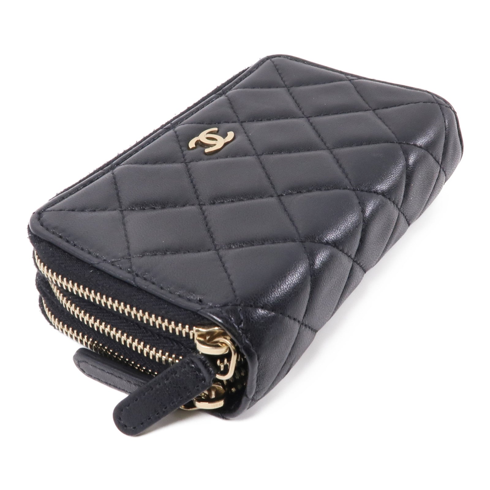 CHANEL 羊皮皮革Zipper Wallet金扣錢包黑色