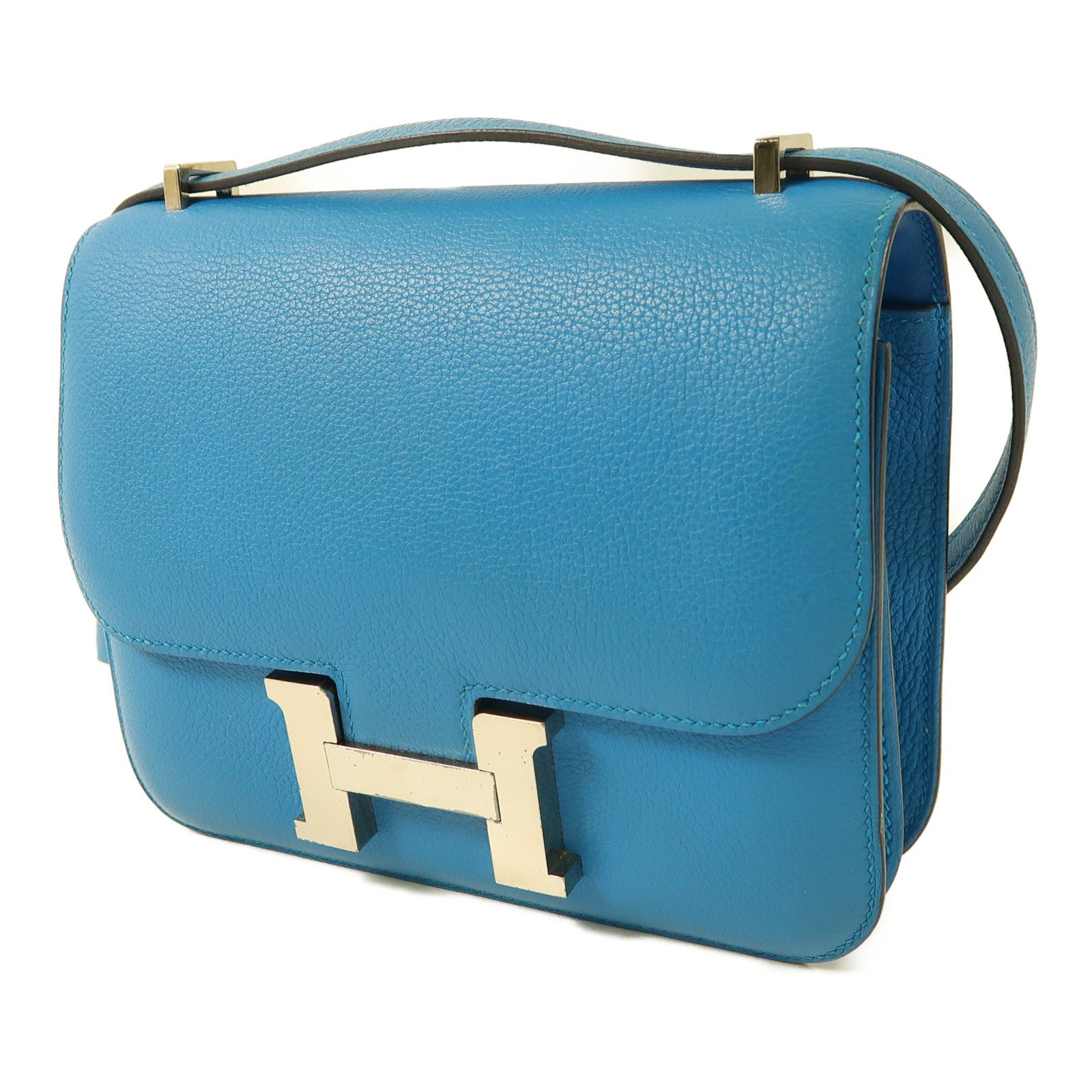 HERMES Evercolor皮革Constance Mini銀扣肩背袋7W Bleu Izmir