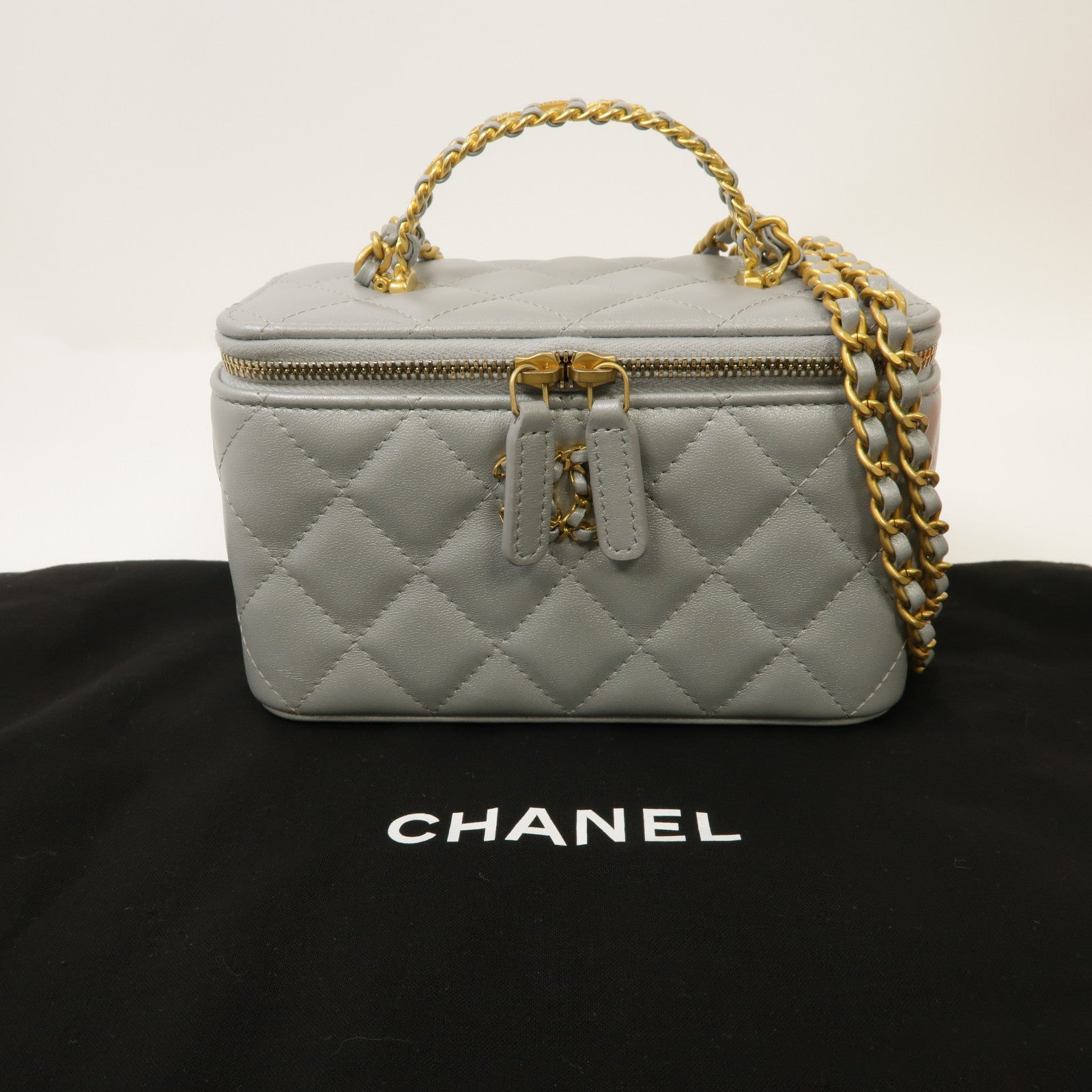 CHANEL 菱格羊皮皮革Chain Shoulder Bag金扣手挽肩背兩用袋金屬灰