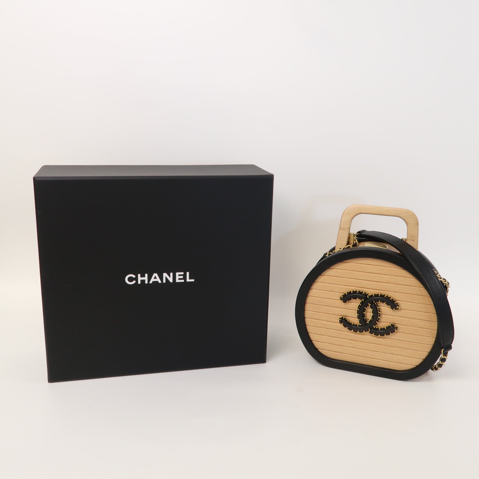CHANEL 木製/皮革Small Vanity Case金扣手挽肩背兩用袋原木色/黑色