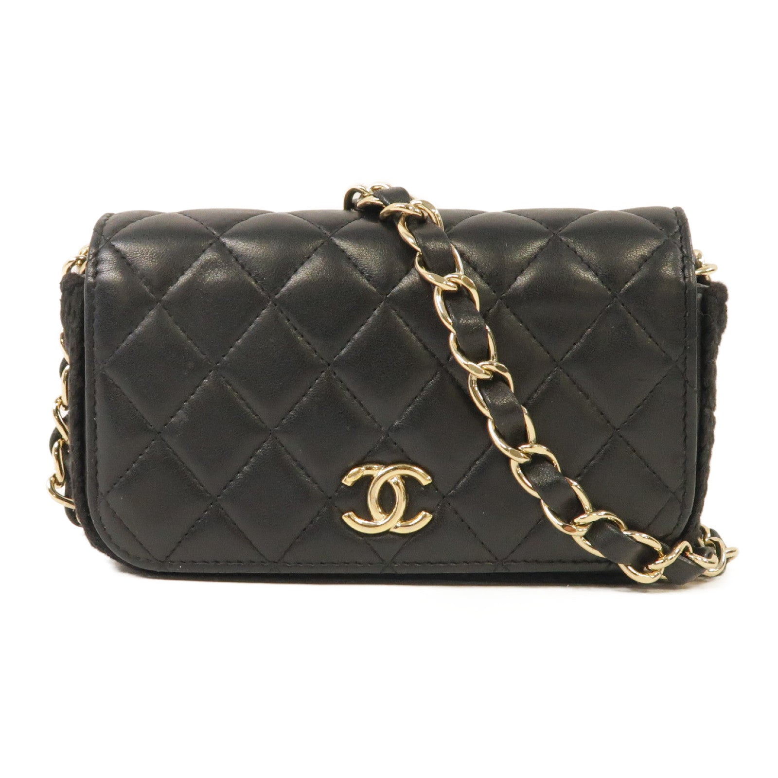 CHANEL 菱格羊皮皮革Chain Shoulder金扣鏈帶肩背袋黑色