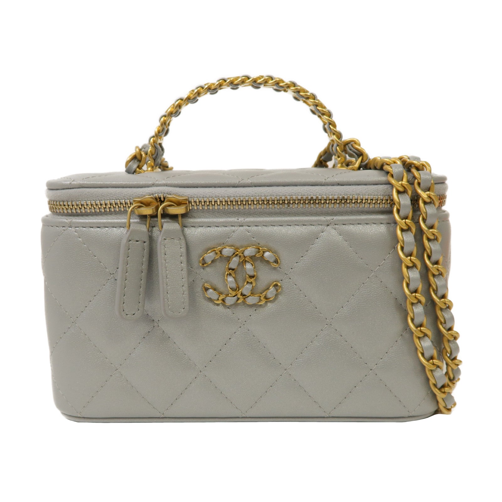 CHANEL 菱格羊皮皮革Chain Shoulder Bag金扣手挽肩背兩用袋金屬灰